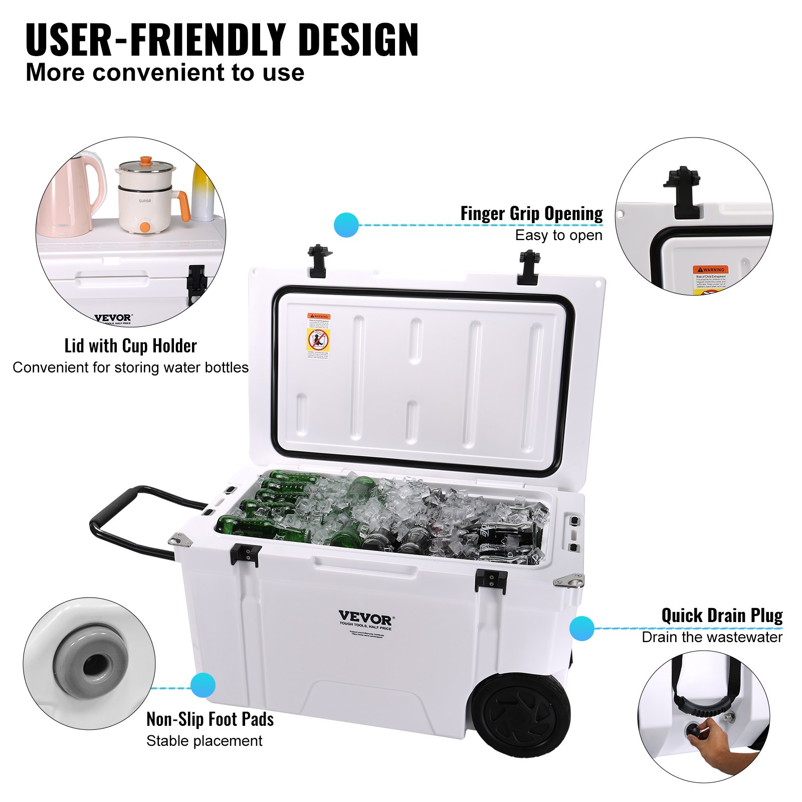 VEVOR insulated portable cooler with cup holder, finger grip opening, non-slip foot pads, and quick drain plug.