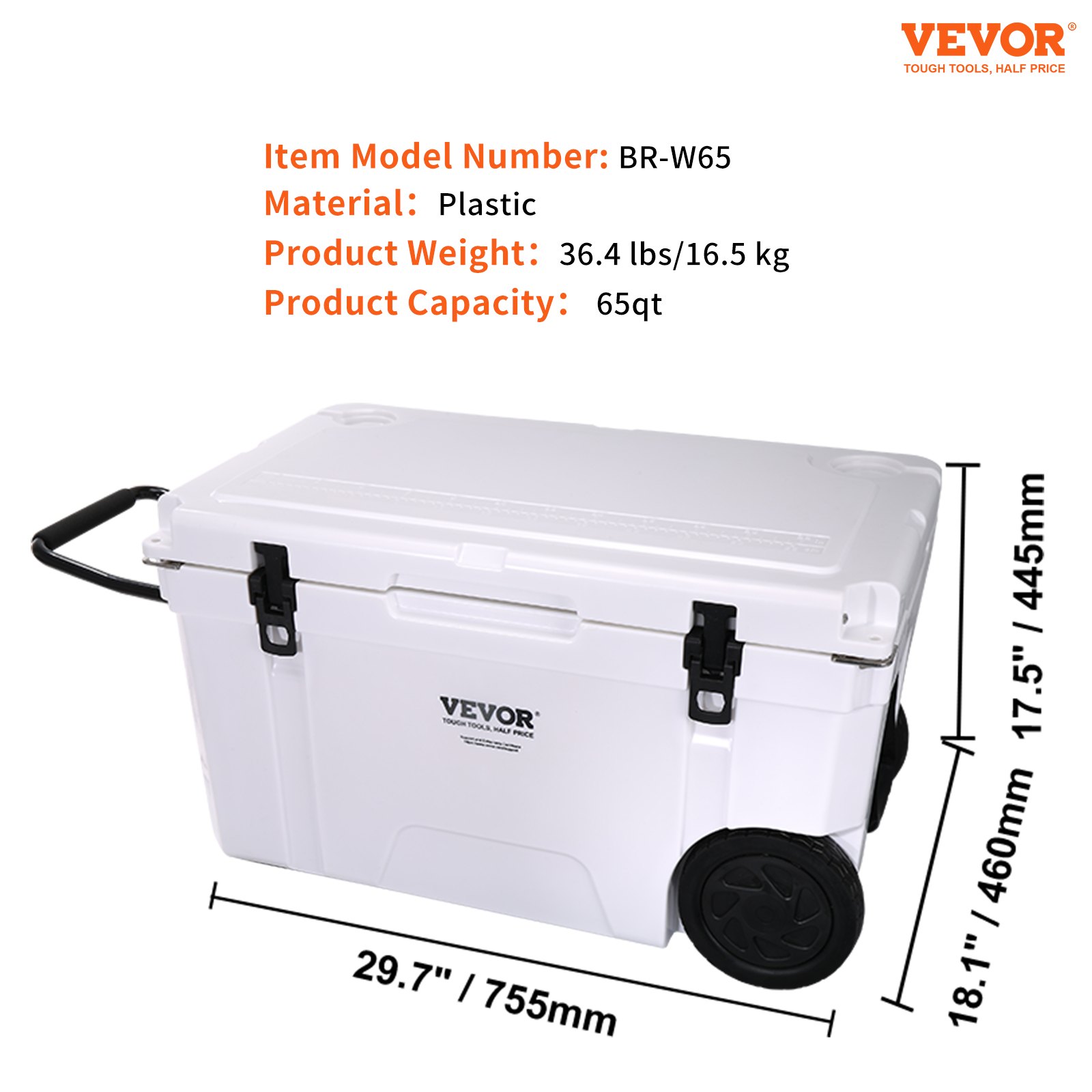 VEVOR insulated portable cooler br-w65, 65qt, plastic, 36.4 lbs, dimensions 29.7&quot;x18.1&quot;x17.5&quot;.