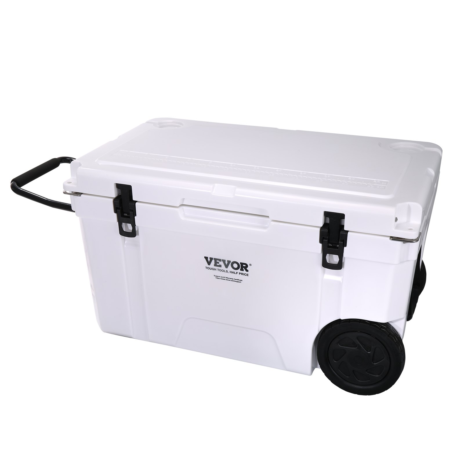 white VEVOR insulated portable cooler with black wheels and handle, featuring secure latches.