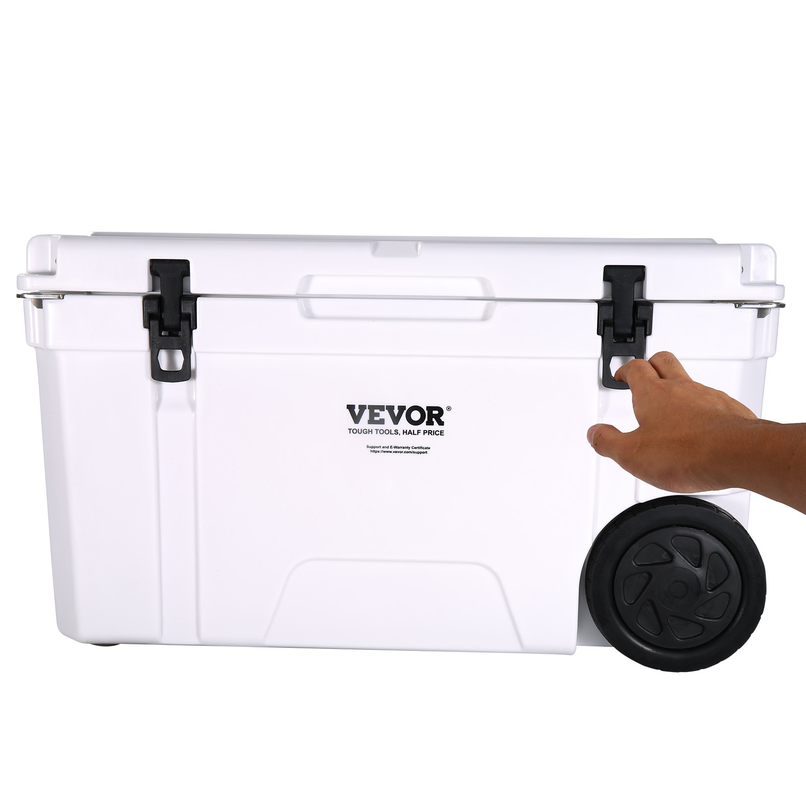 person opening the white VEVOR insulated portable cooler with wheels and a secure latch.
