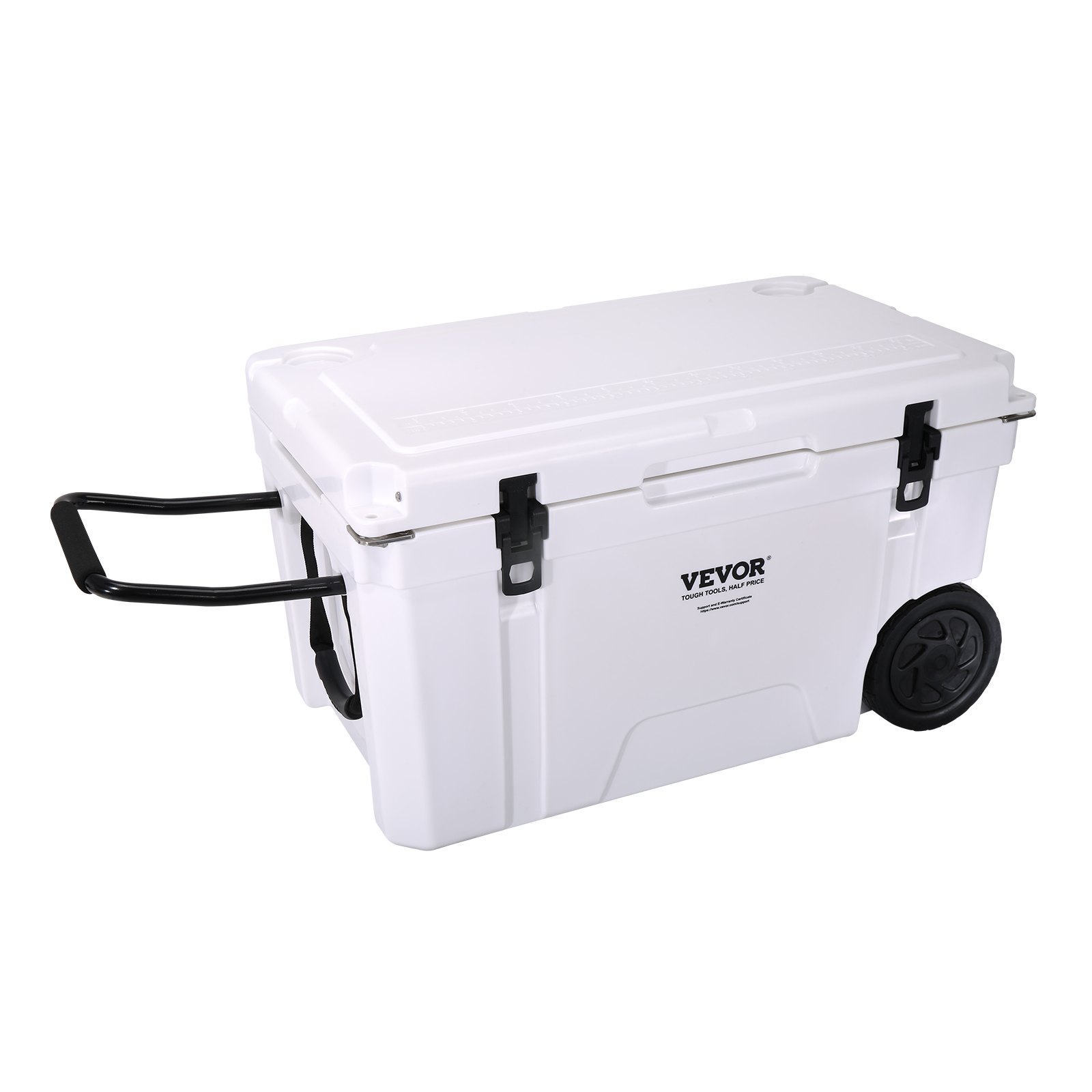 white VEVOR insulated portable cooler with wheels, handle, and black latches for secure closure.