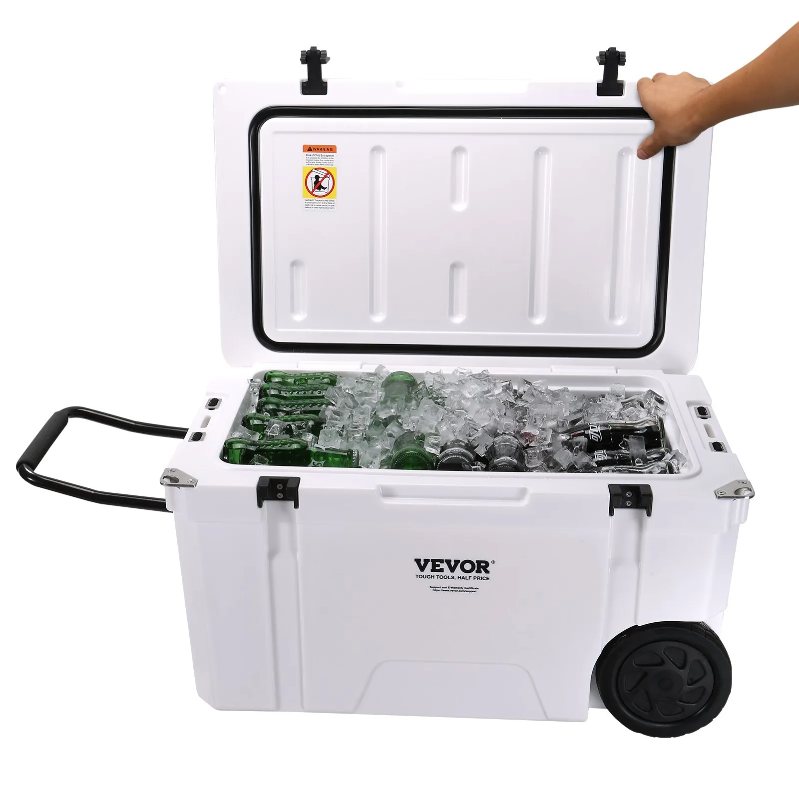 VEVOR insulated portable cooler filled with ice-cold drinks, wheeled design for easy transport.