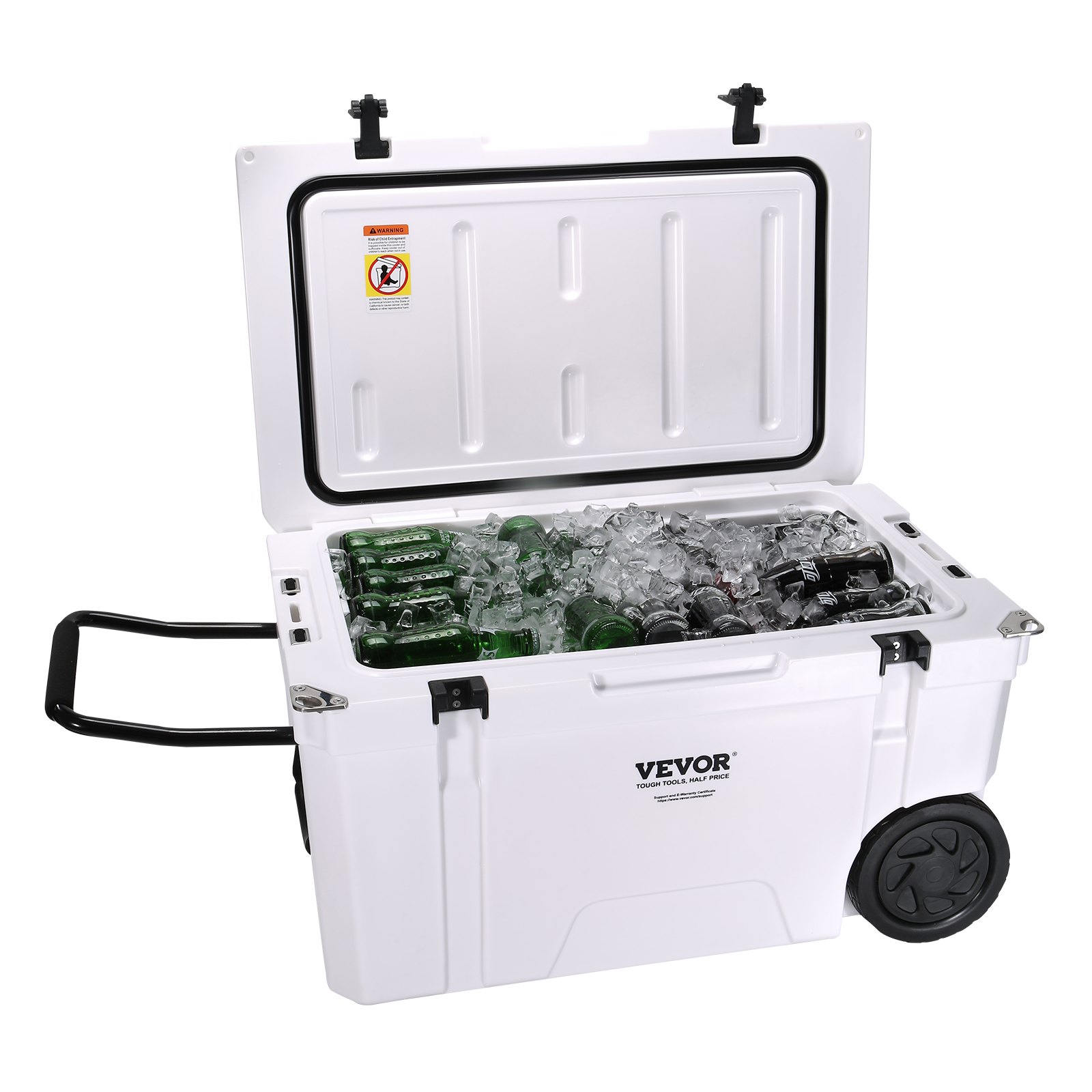 VEVOR insulated portable cooler with ice and drinks, featuring wheels and a handle for easy transport.
