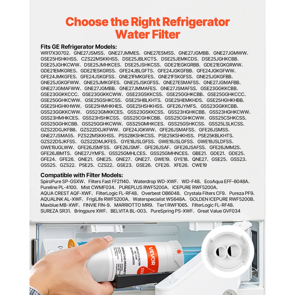 Filtro de agua de repuesto para refrigerador VEVOR, filtración de bloque de carbón para agua potable limpia, certificado para reducir cloro, sabor y olor, plomo, sedimentos y más de 70 contaminantes, blanco, 1 paquete