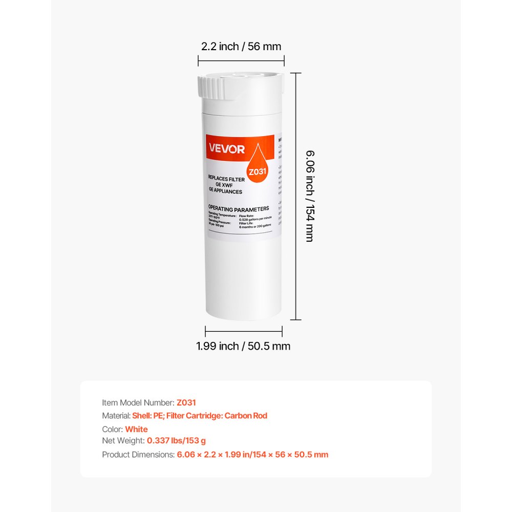 Filtro de agua de repuesto para refrigerador VEVOR, filtración de bloque de carbón para agua potable limpia, certificado para reducir cloro, sabor y olor, plomo, sedimentos y más de 70 contaminantes, blanco, 1 paquete