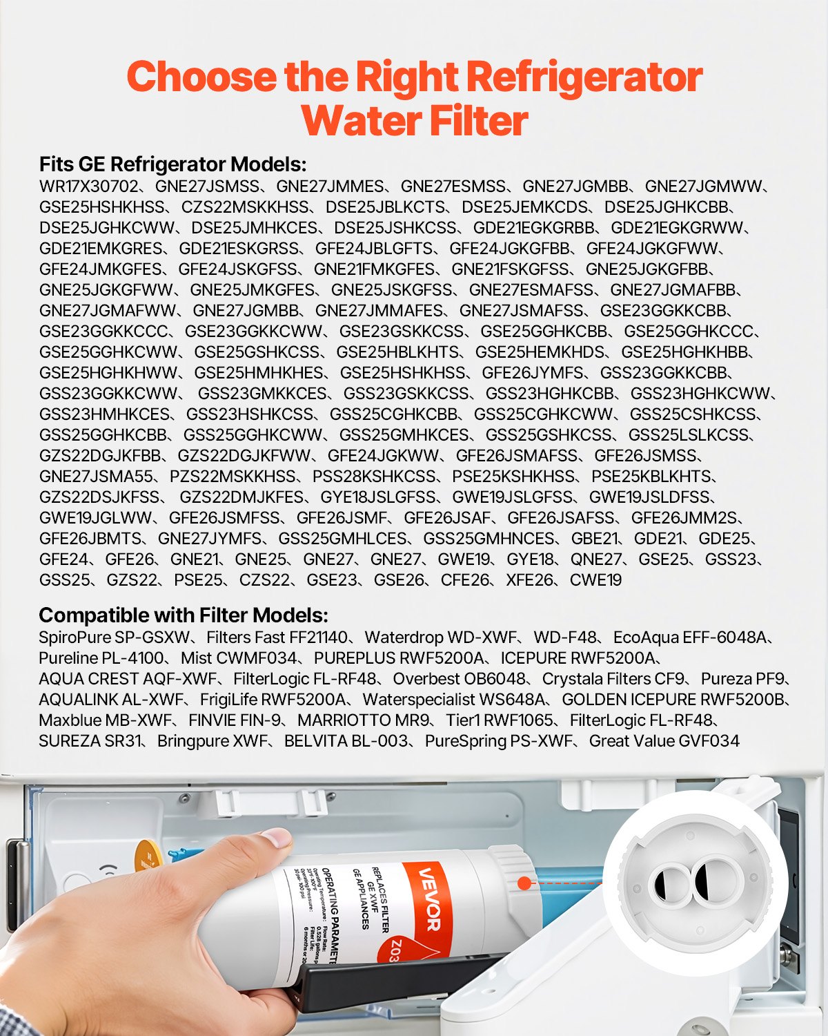 Filtro de agua de repuesto para refrigerador VEVOR, filtración de bloque de carbón para agua potable limpia, certificado para reducir cloro, sabor y olor, plomo, sedimentos y más de 70 contaminantes, blanco, 1 paquete