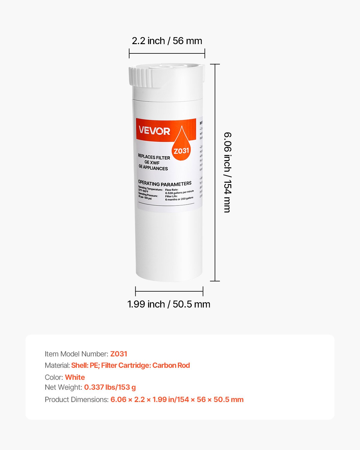 Filtro de agua de repuesto para refrigerador VEVOR, filtración de bloque de carbón para agua potable limpia, certificado para reducir cloro, sabor y olor, plomo, sedimentos y más de 70 contaminantes, blanco, 1 paquete