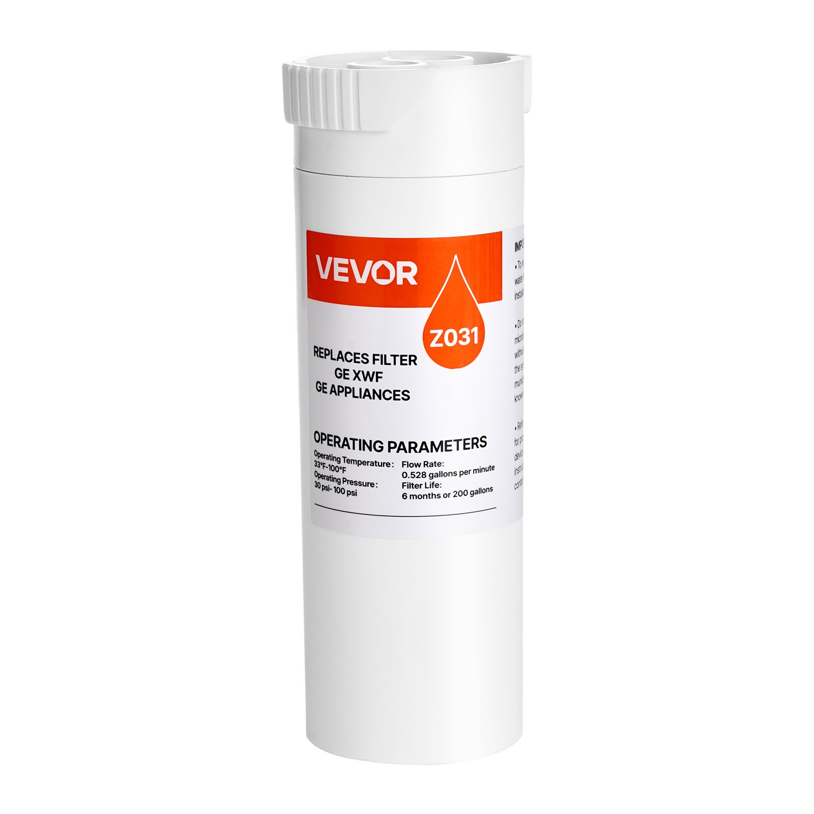 Filtro de agua de repuesto para refrigerador VEVOR, filtración de bloque de carbón para agua potable limpia, certificado para reducir cloro, sabor y olor, plomo, sedimentos y más de 70 contaminantes, blanco, 1 paquete