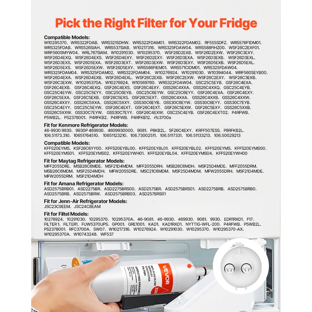 Filtro de agua de repuesto para refrigerador VEVOR, filtración de bloque de carbón para agua potable limpia, certificado para reducir cloro, sabor y olor, plomo, sedimentos y más de 70 contaminantes, blanco, 1 paquete