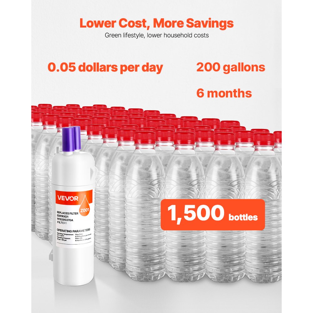 Filtro de agua de repuesto para refrigerador VEVOR, filtración de bloque de carbón para agua potable limpia, certificado para reducir cloro, sabor y olor, plomo, sedimentos y más de 70 contaminantes, blanco, 1 paquete