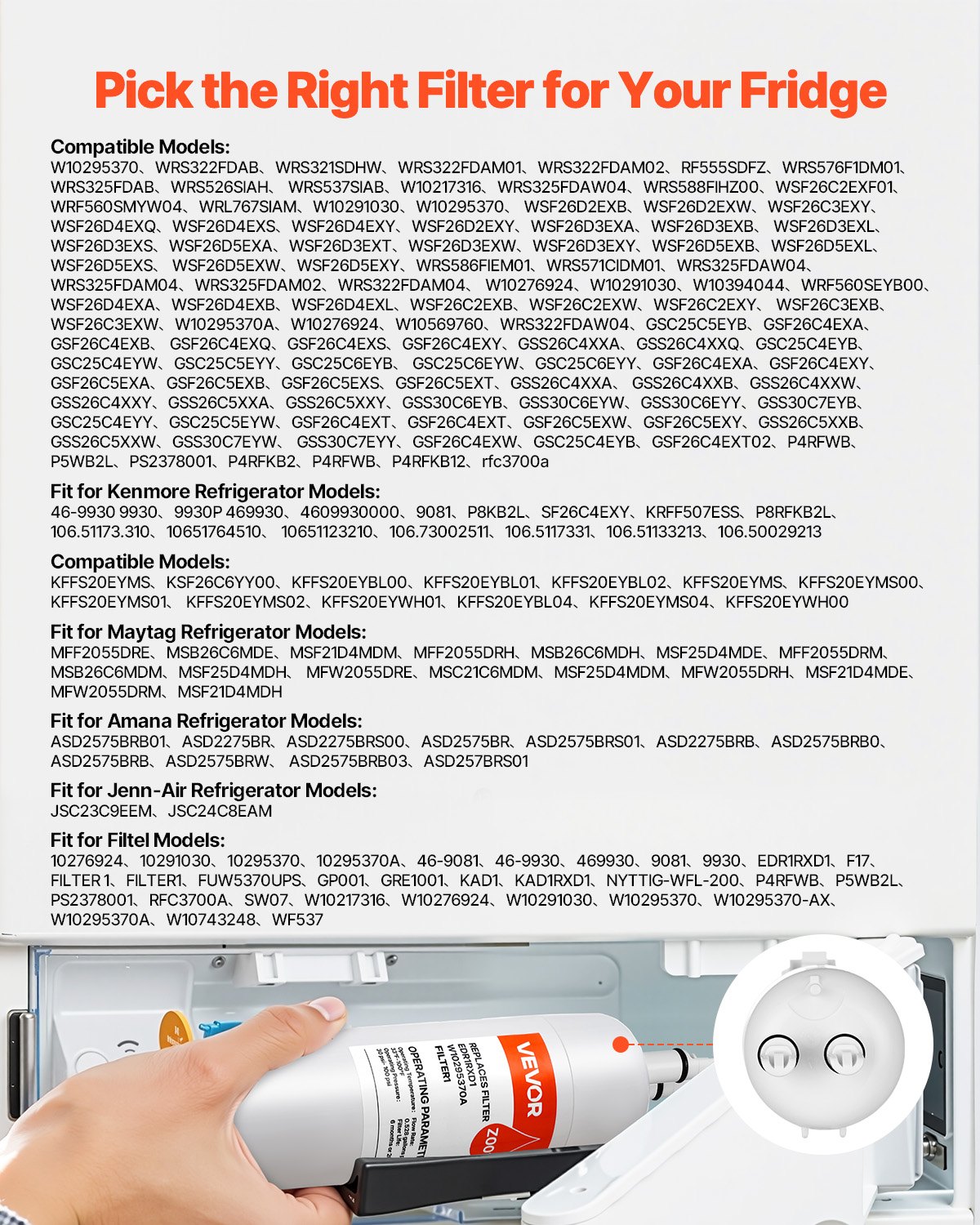 Filtro de agua de repuesto para refrigerador VEVOR, filtración de bloque de carbón para agua potable limpia, certificado para reducir cloro, sabor y olor, plomo, sedimentos y más de 70 contaminantes, blanco, 1 paquete