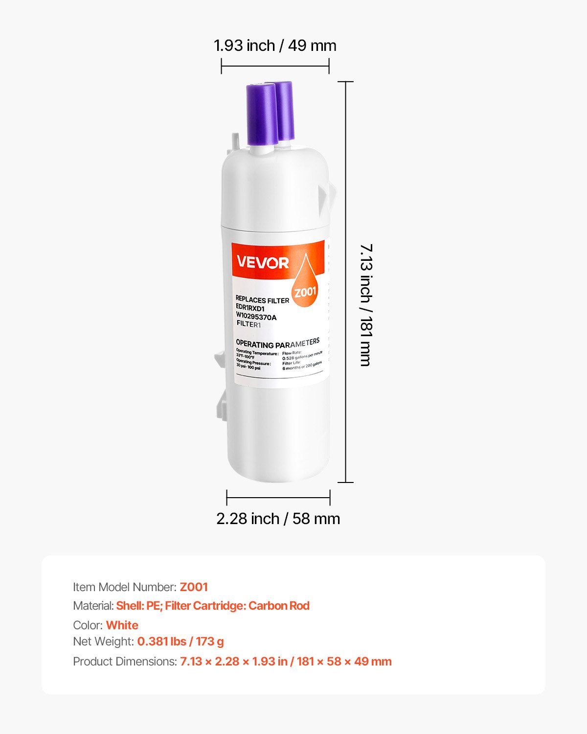 Filtro de agua de repuesto para refrigerador VEVOR, filtración de bloque de carbón para agua potable limpia, certificado para reducir cloro, sabor y olor, plomo, sedimentos y más de 70 contaminantes, blanco, 1 paquete