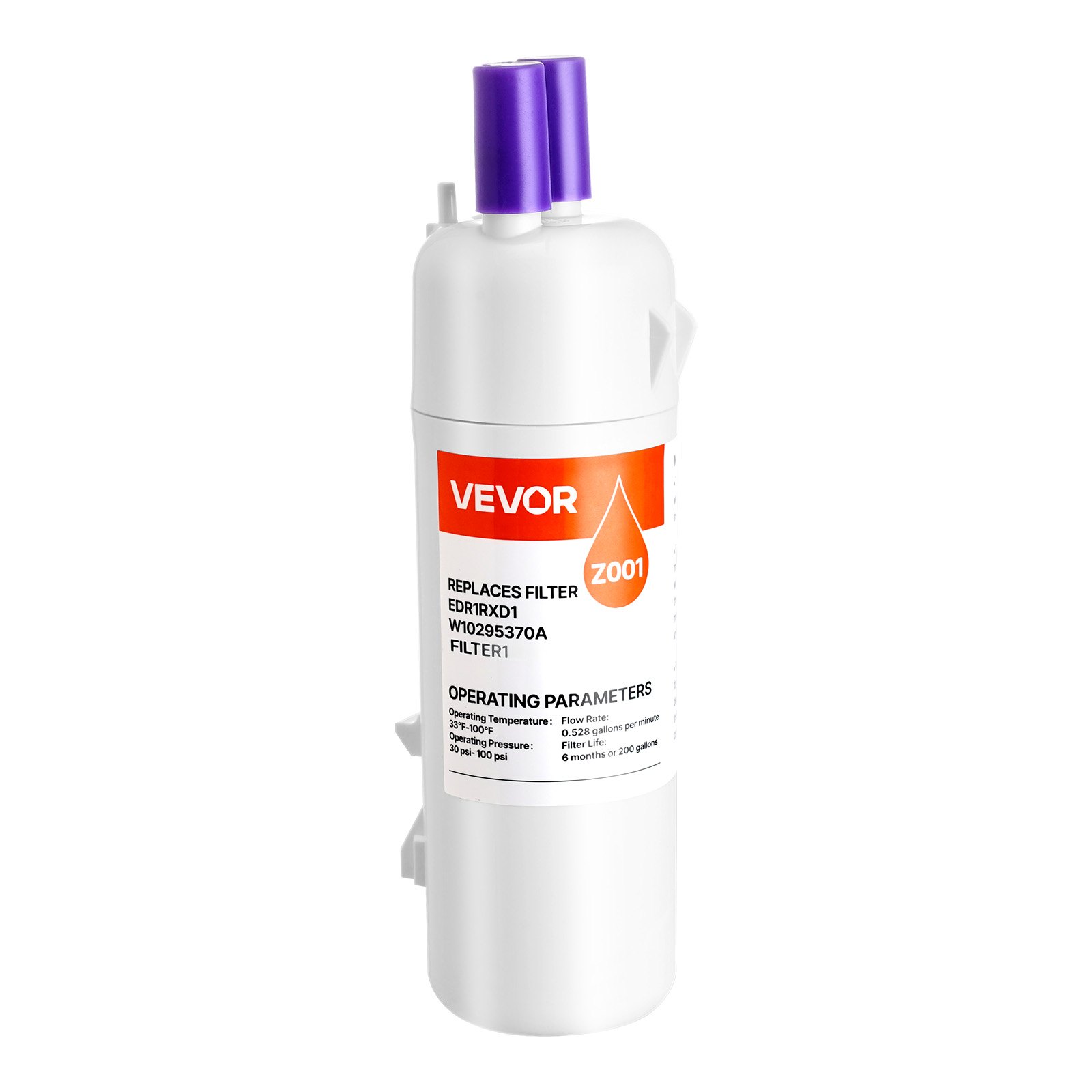 Filtro de agua de repuesto para refrigerador VEVOR, filtración de bloque de carbón para agua potable limpia, certificado para reducir cloro, sabor y olor, plomo, sedimentos y más de 70 contaminantes, blanco, 1 paquete