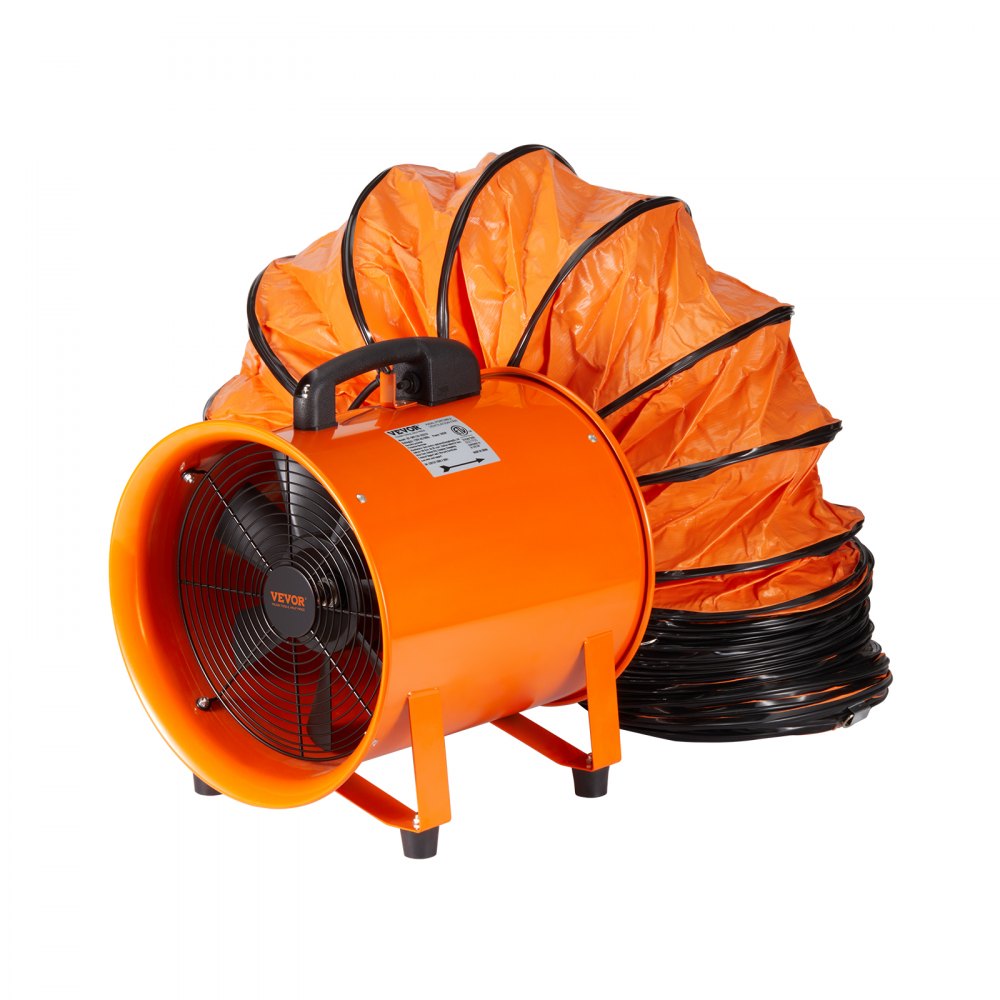 orange VEVOR portable ventilator with flexible duct hose and black handle, designed for efficient ventilation.