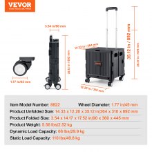 VEVOR Foldable Utility Cart, 110 lbs Load Capacity, Folding Portable Rolling Crate Handcart with Heavy Duty Telescoping Handle and 4 Rotate Wheels for Travel Shopping Moving Luggage Office Use, Black