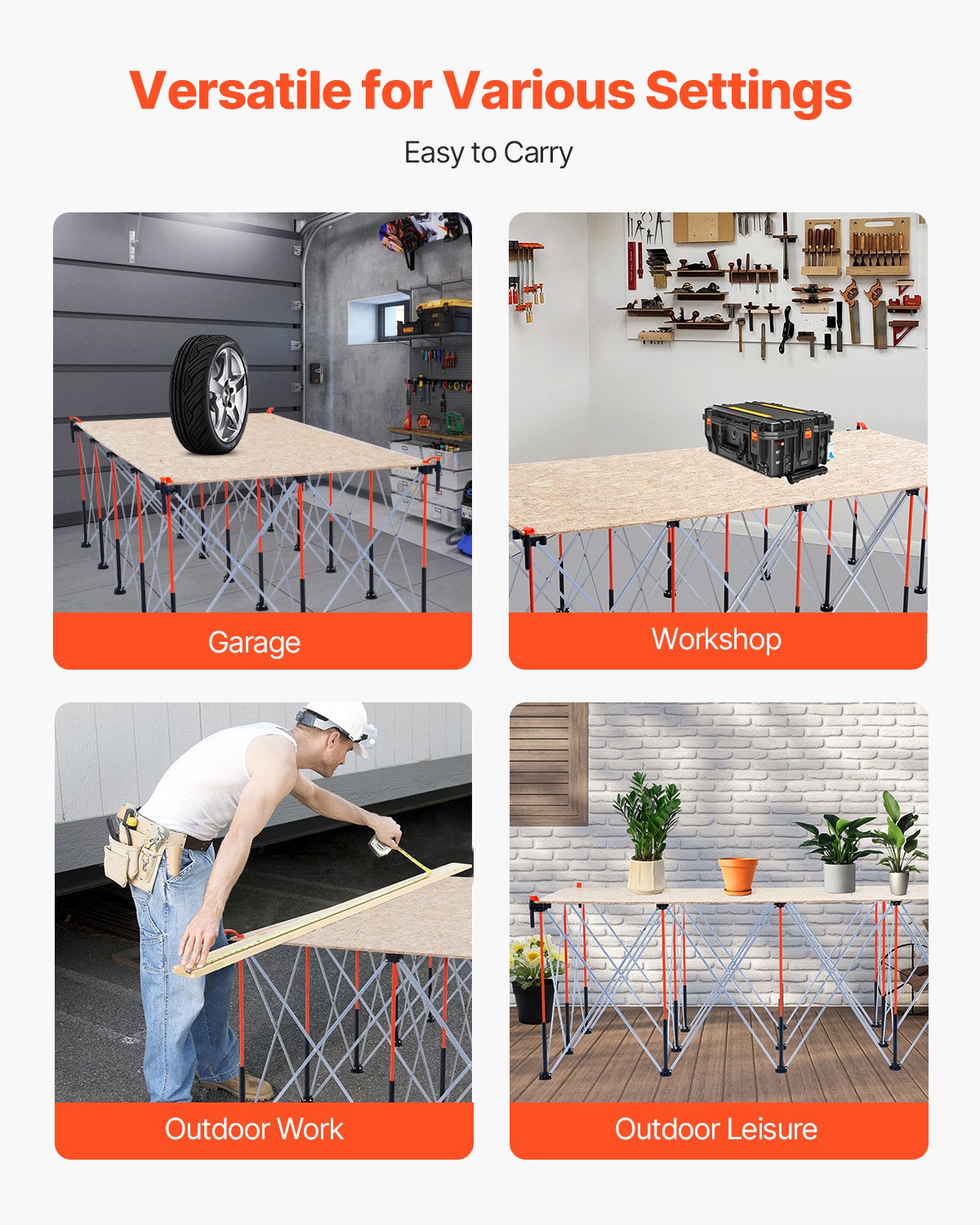 VEVOR Portable Folding Workstand, 2455 x 1260 mm Collapsible Workbench, 2724 kg Weight Capacity, No Assembly Foldable Work Stand with Storage Bag, Table Top NOT Included, for Garage Workshop Outdoor