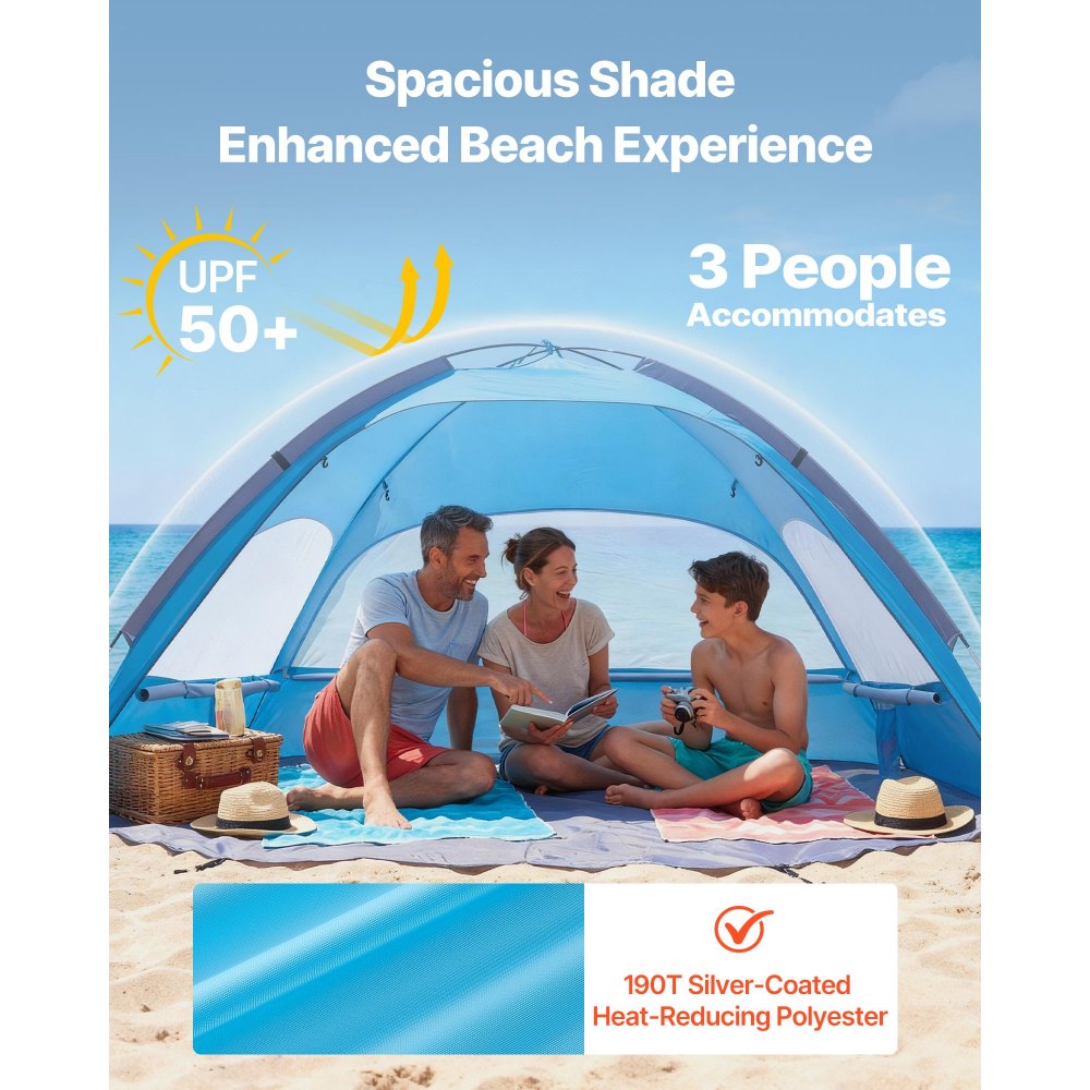 VEVOR Beach Tent Sun Shelter for 3 Person, UPF 50+ Protection, Portable Sun Shade Canopy with Carrying Bag & Sand Pockets, Lightweight and Easy Setup Beach Umbrella for Camping Fishing Outdoor Picnic