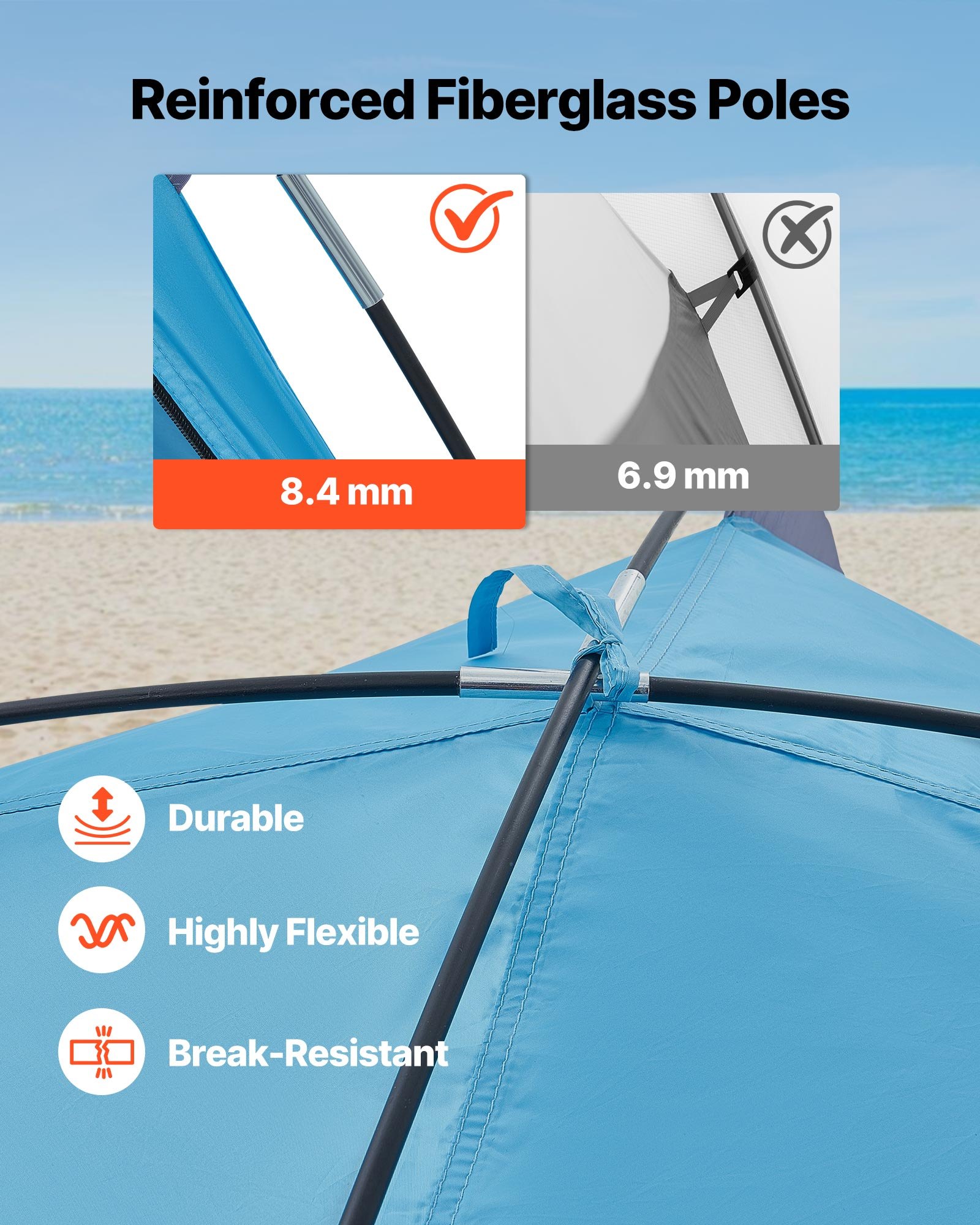 VEVOR Beach Tent Sun Shelter for 3 Person, UPF 50+ Protection, Portable Sun Shade Canopy with Carrying Bag & Sand Pockets, Lightweight and Easy Setup Beach Umbrella for Camping Fishing Outdoor Picnic