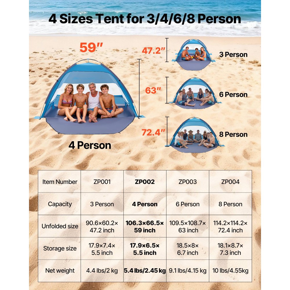 VEVOR Beach Tent Sun Shelter for 4 Person, UPF 50+ Protection, Portable Sun Shade Canopy with Carrying Bag & Sand Pockets, Lightweight and Easy Setup Beach Umbrella for Camping Fishing Outdoor Picnic