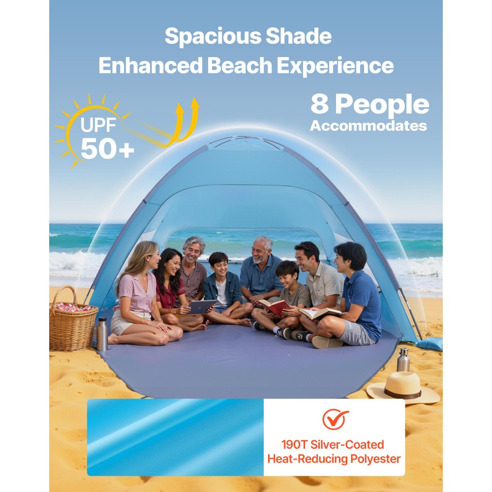 VEVOR Beach Tent Sun Shelter for 8 Person, UPF 50+ Protection, Portable Sun Shade Canopy with Carrying Bag & Sand Pockets, Lightweight and Easy Setup Beach Umbrella for Camping Fishing Outdoor Picnic