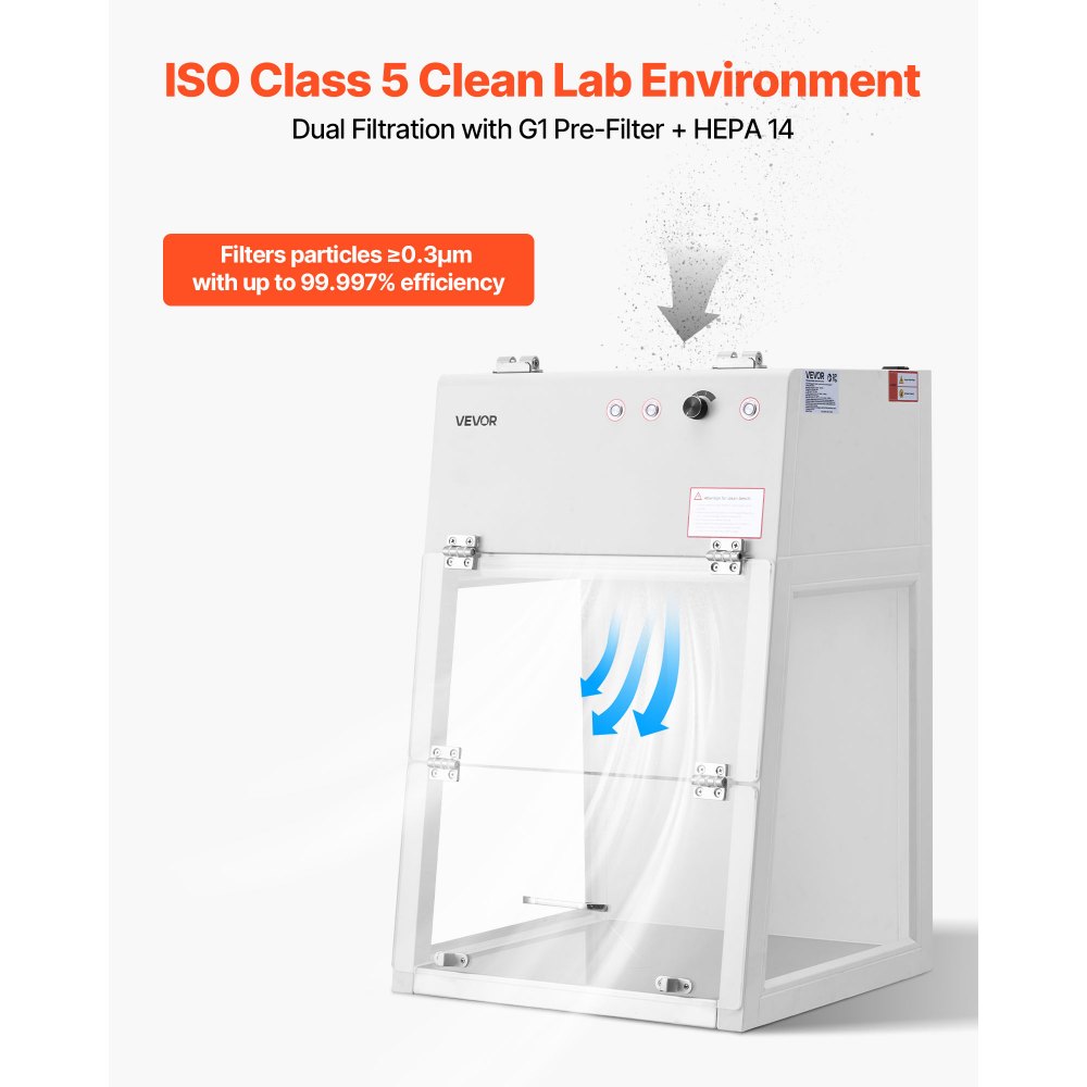 VEVOR Laminar Flow Hood, 20.08 x 20.47 x 23.62 inch Working Area Portable Clean Room, Meets ISO Class 5 Clean Room Standards, with HEPA-14 Filter and G1 Pre-Filter, for Medical and Laboratory Use