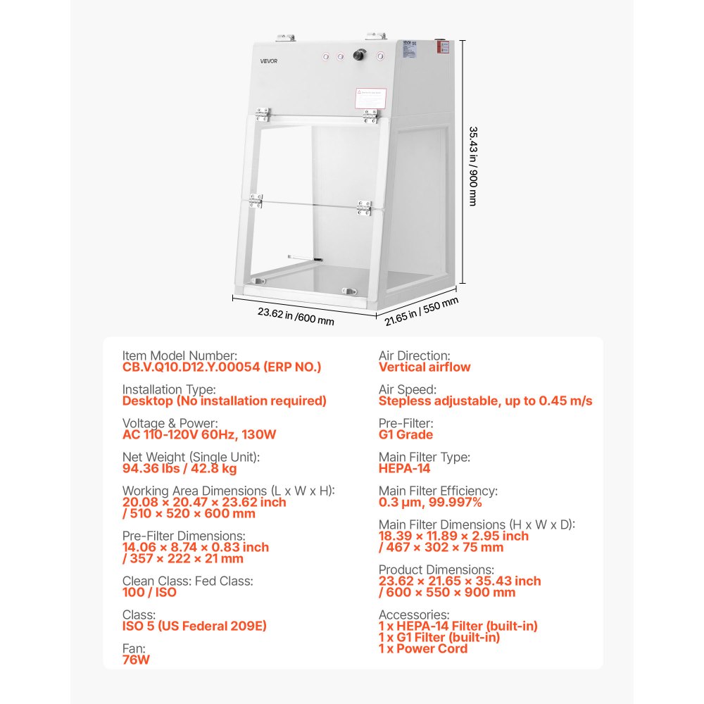 VEVOR Laminar Flow Hood, 20.08 x 20.47 x 23.62 inch Working Area Portable Clean Room, Meets ISO Class 5 Clean Room Standards, with HEPA-14 Filter and G1 Pre-Filter, for Medical and Laboratory Use