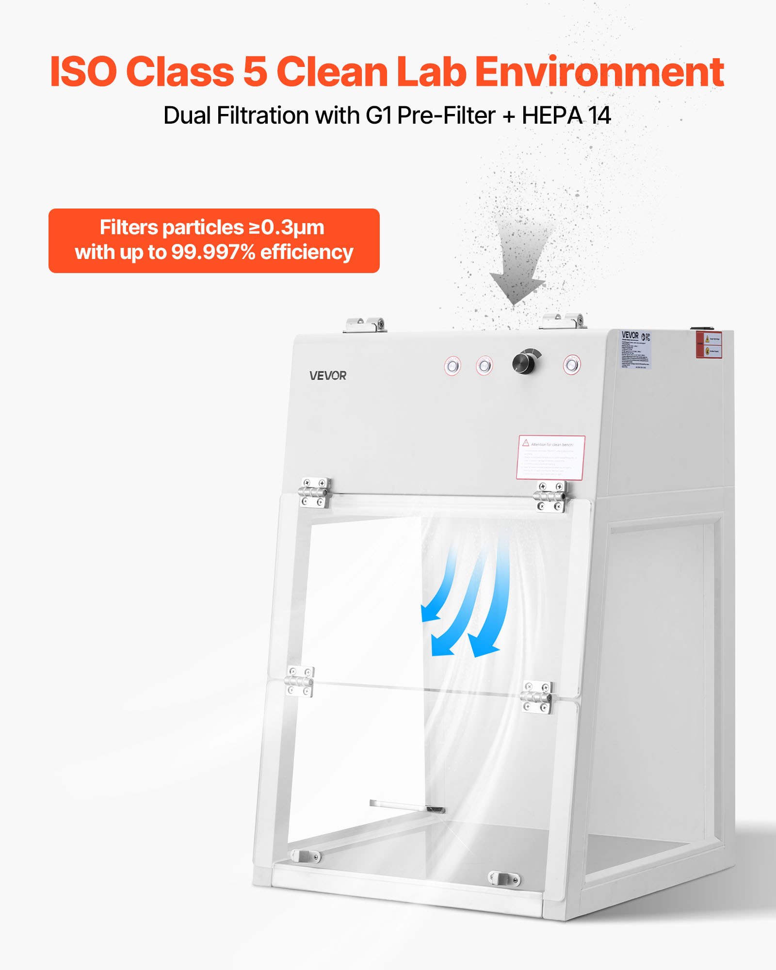 VEVOR Laminar Flow Hood, 20.08 x 20.47 x 23.62 inch Working Area Portable Clean Room, Meets ISO Class 5 Clean Room Standards, with HEPA-14 Filter and G1 Pre-Filter, for Medical and Laboratory Use