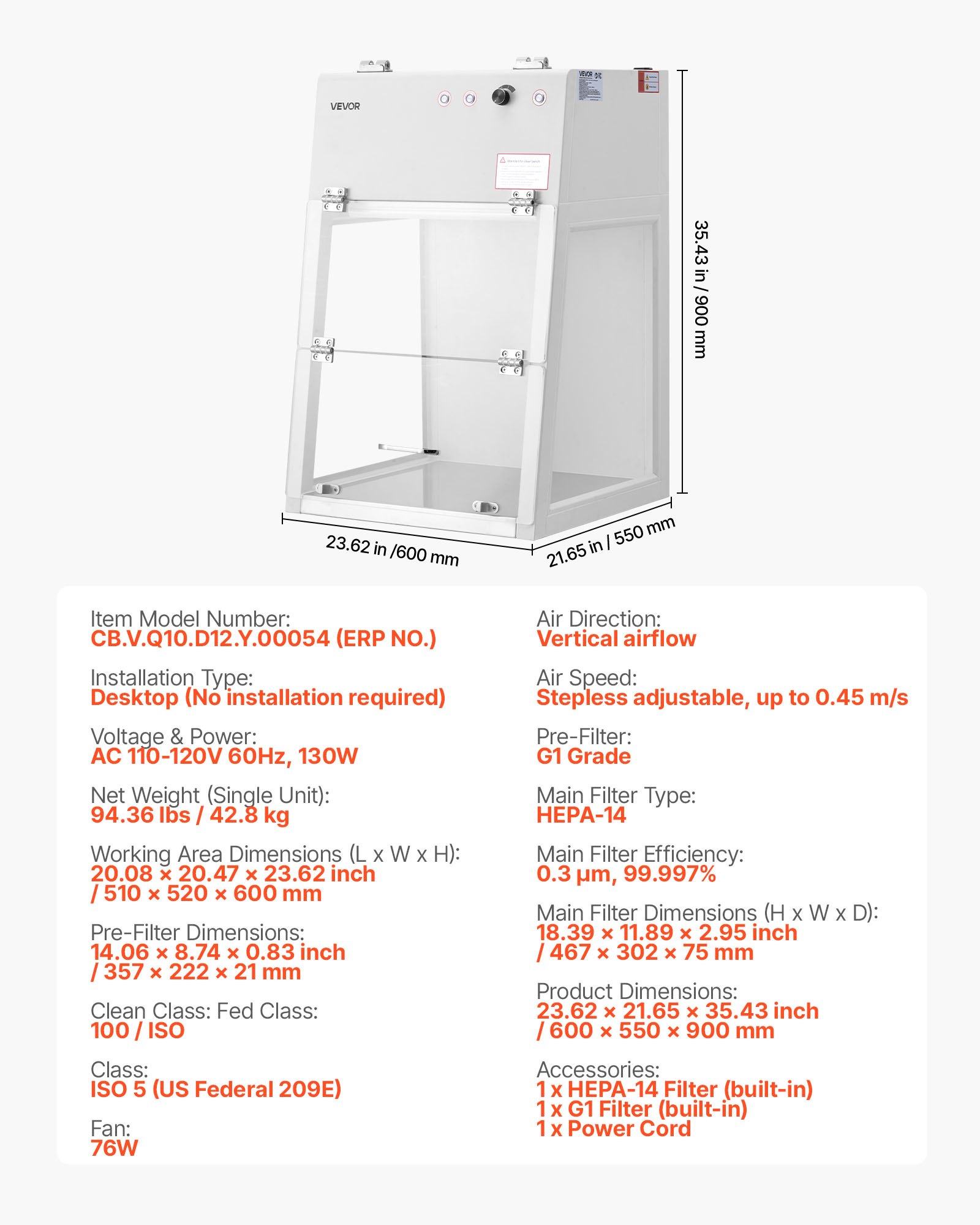 VEVOR Laminar Flow Hood, 20.08 x 20.47 x 23.62 inch Working Area Portable Clean Room, Meets ISO Class 5 Clean Room Standards, with HEPA-14 Filter and G1 Pre-Filter, for Medical and Laboratory Use