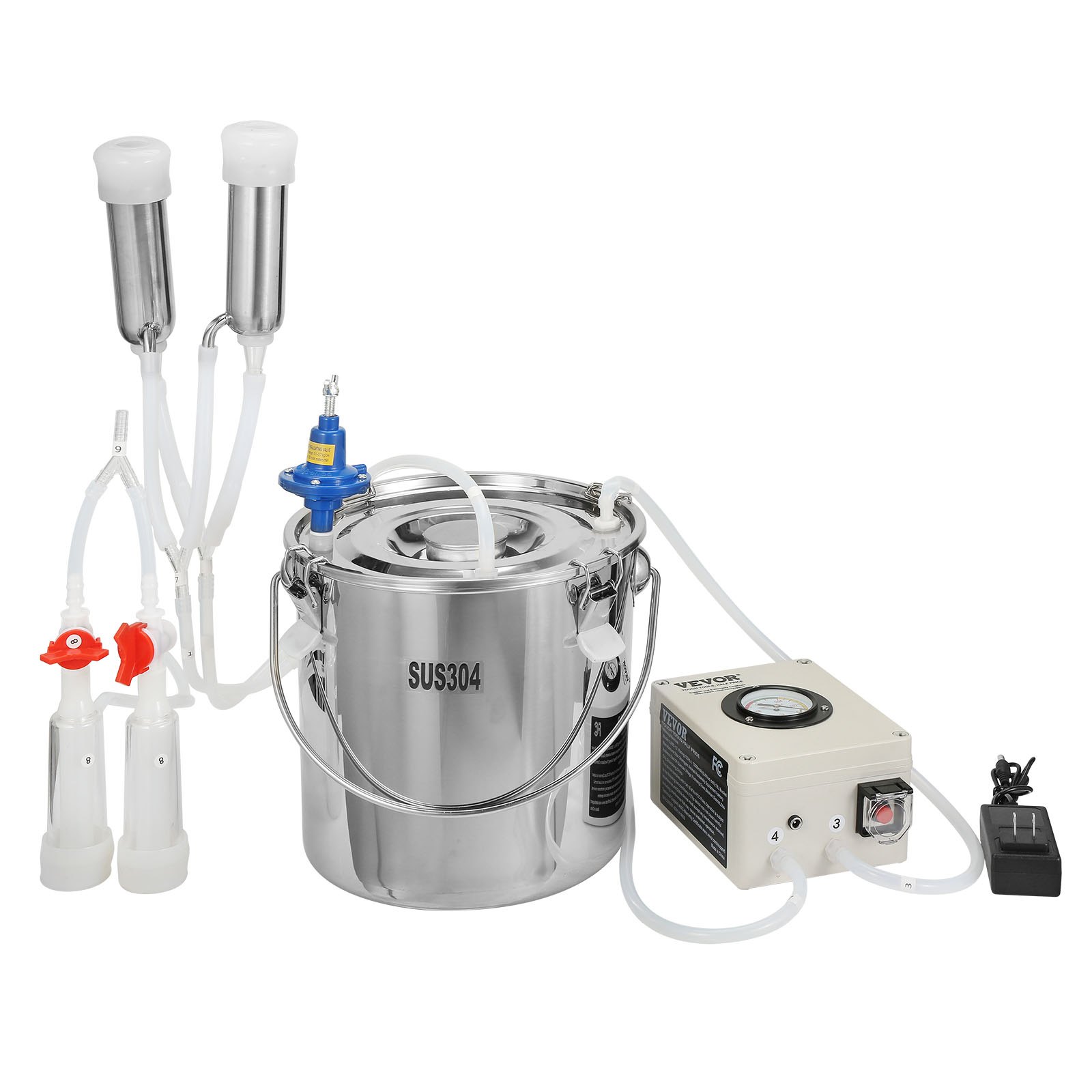 VEVOR Goat Milking Machine, 12 L 304 Stainless Steel Bucket, Electric Automatic Pulsation Vacuum Milker, Portable Milker with Food-grade Silicone Cups and Tubes, Adjustable Suction for Cows and Sheep