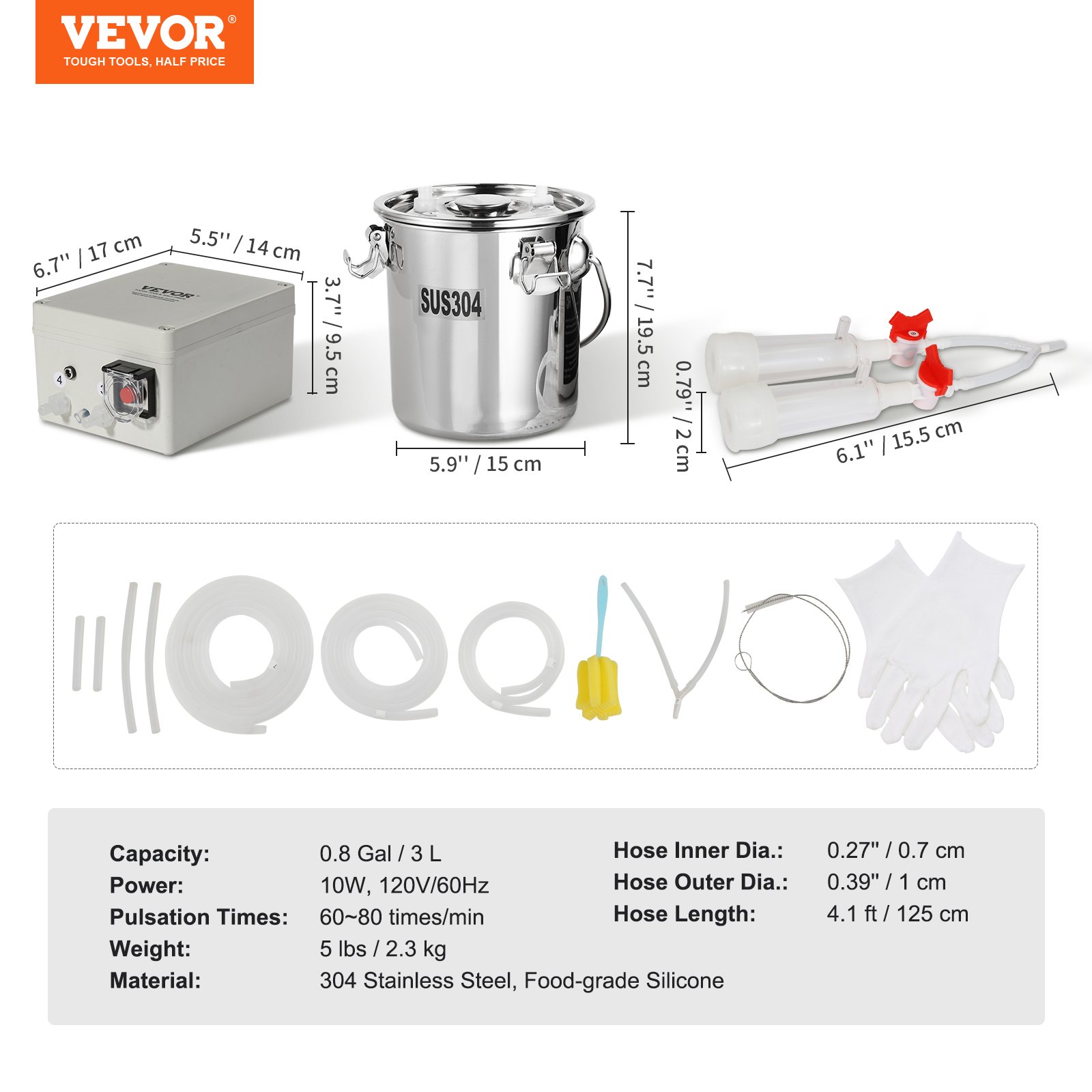 VEVOR Goat Milking Machine, 3 L 304 Stainless Steel Bucket, Electric Automatic Pulsation Vacuum Milker, Portable Milker with Food-grade Silicone Cups and Tubes, Adjustable Suction for Sheep