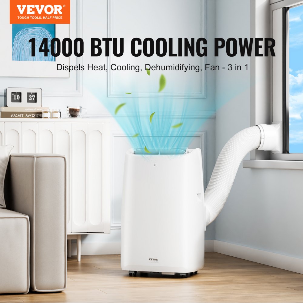 VEVOR 14,000 BTU Portable Air Conditioners, 3-in-1 Portable AC Unit with Remote Control, for 550-700 Sq.Ft, Cool/Dehumidifier/Fan Mode &Low Noise & Rich Accessories for Home/Office/Dorms, White (10,200 BTU SACC Rating)