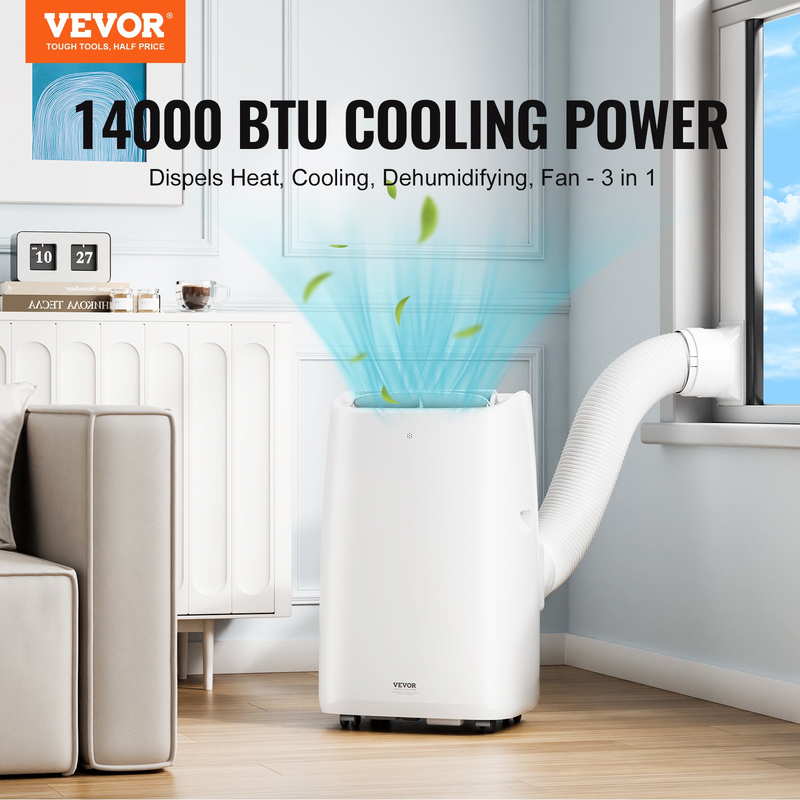 VEVOR 14,000 BTU Portable Air Conditioners, 3-in-1 Portable AC Unit with Remote Control, for 550-700 Sq.Ft, Cool/Dehumidifier/Fan Mode &Low Noise & Rich Accessories for Home/Office/Dorms, White (10,200 BTU SACC Rating)
