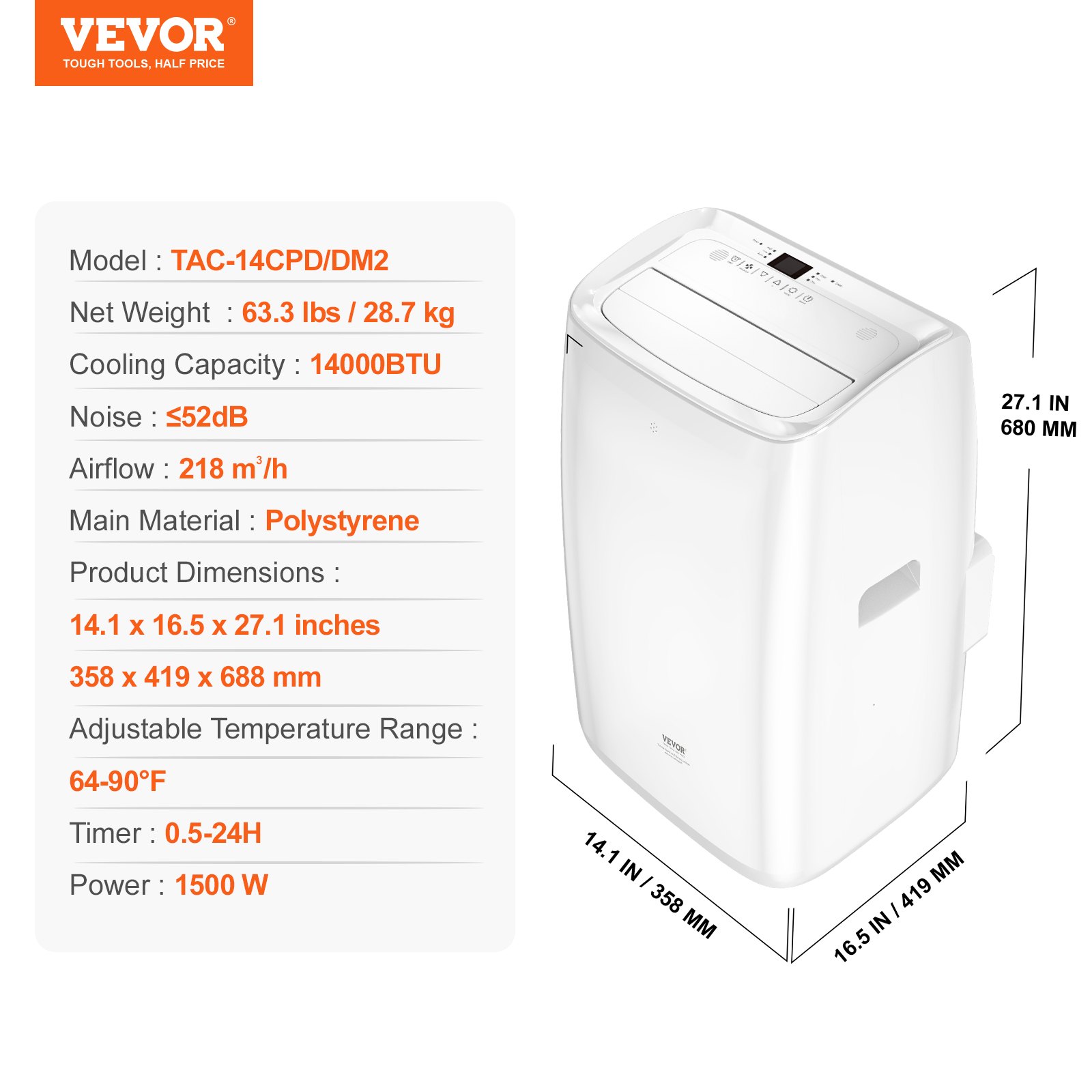 VEVOR 14,000 BTU Portable Air Conditioners, 3-in-1 Portable AC Unit with Remote Control, for 550-700 Sq.Ft, Cool/Dehumidifier/Fan Mode &Low Noise & Rich Accessories for Home/Office/Dorms, White (10,200 BTU SACC Rating)