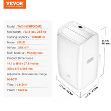 VEVOR Portable Air Conditioner 14k BTU 4 in 1 AC Warm/Cool Dehumidifier Fan