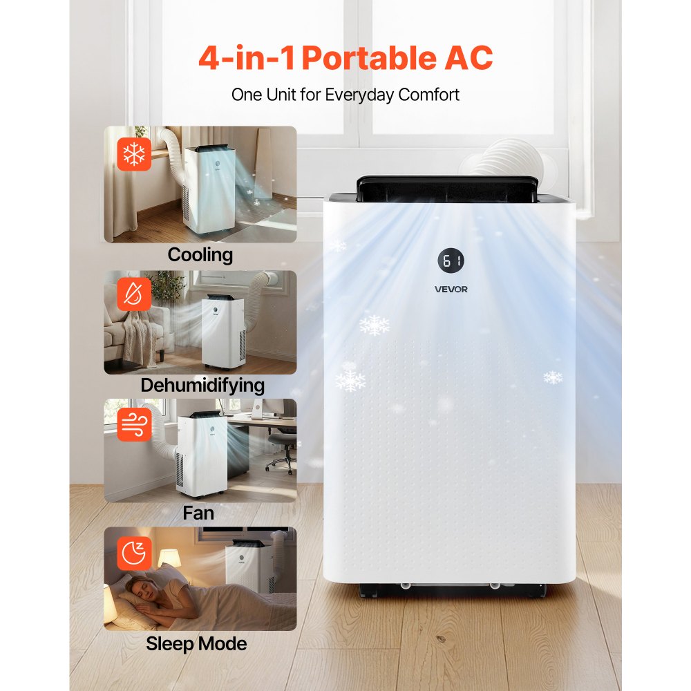 VEVOR Portable Air Conditioner, 14000 BTU ASHRAE (9800 BTU SACC) 4-in-1 Standing Cooling Ac Unit, LED Touch Panel & Remote Control, 24h Timer, Cooling, Dehumidifier, Fan, Sleep Mode for Room Indoor