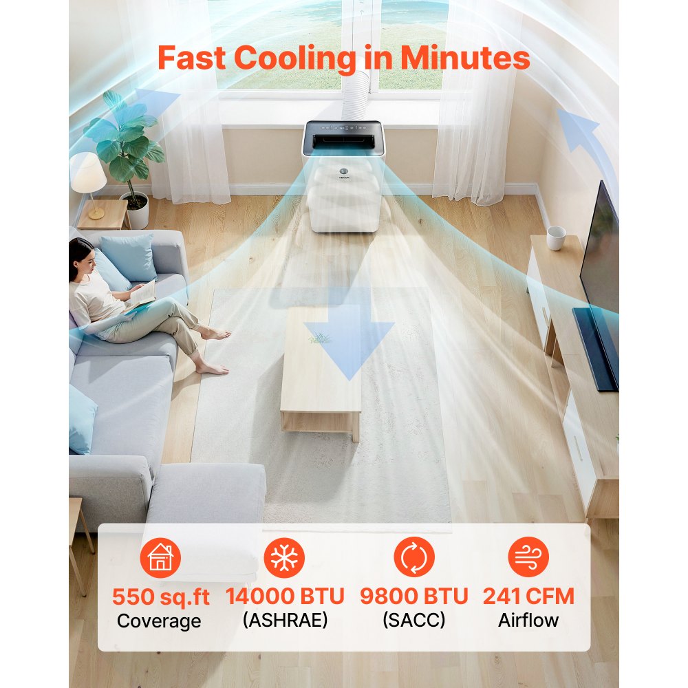 VEVOR Portable Air Conditioner, 14000 BTU ASHRAE (9800 BTU SACC) 4-in-1 Standing Cooling Ac Unit, LED Touch Panel & Remote Control, 24h Timer, Cooling, Dehumidifier, Fan, Sleep Mode for Room Indoor