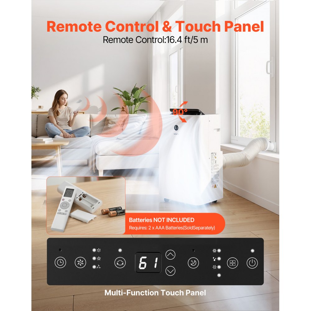 VEVOR Portable Air Conditioner, 14000 BTU ASHRAE (9800 BTU SACC) 4-in-1 Standing Cooling Ac Unit, LED Touch Panel & Remote Control, 24h Timer, Cooling, Dehumidifier, Fan, Sleep Mode for Room Indoor