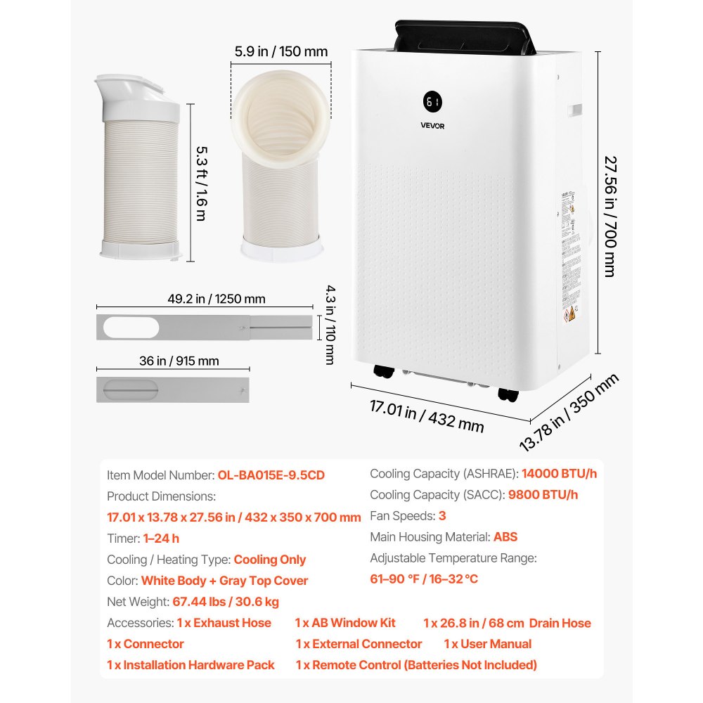 VEVOR Portable Air Conditioner, 14000 BTU ASHRAE (9800 BTU SACC) 4-in-1 Standing Cooling Ac Unit, LED Touch Panel & Remote Control, 24h Timer, Cooling, Dehumidifier, Fan, Sleep Mode for Room Indoor