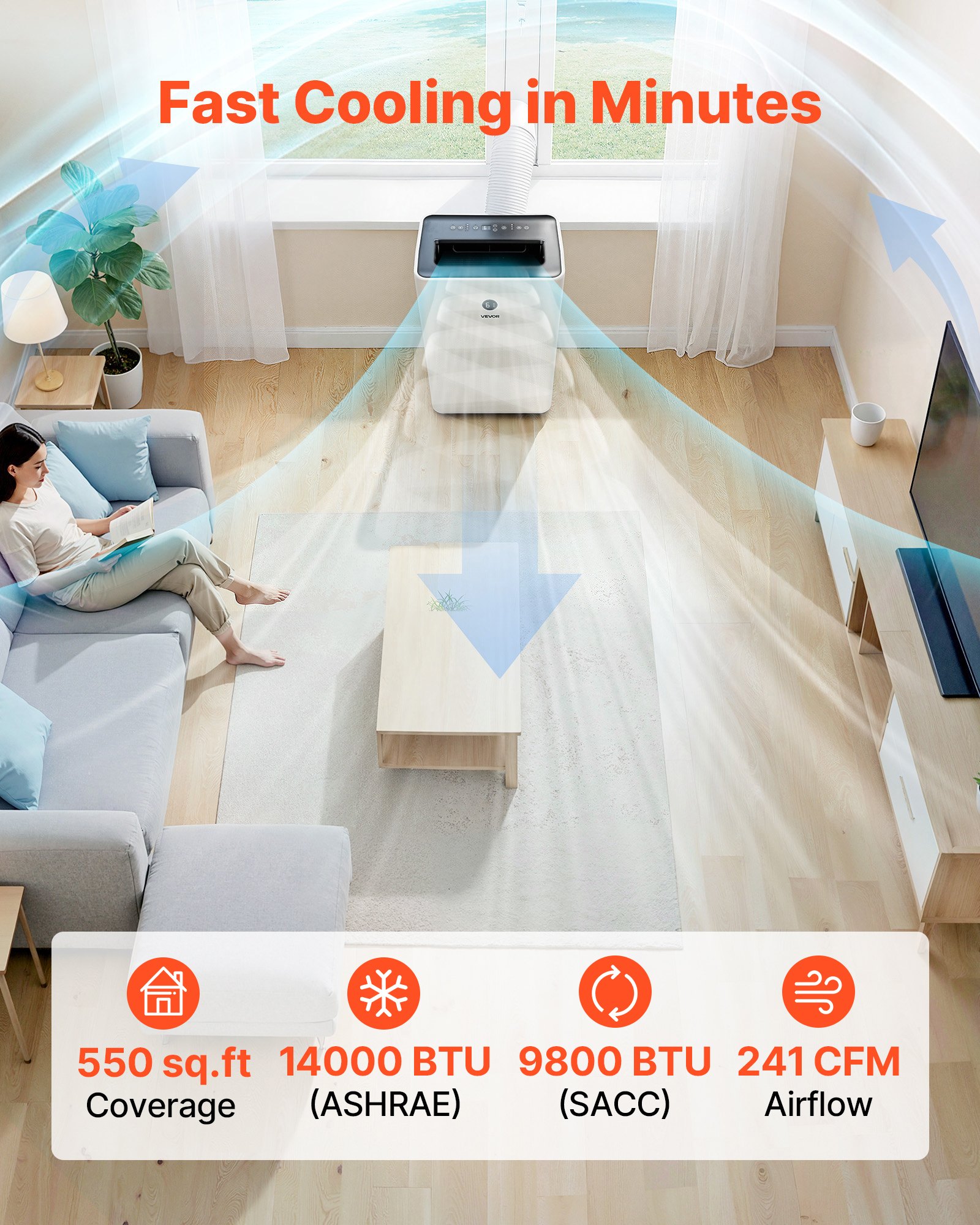 VEVOR Portable Air Conditioner, 14000 BTU ASHRAE (9800 BTU SACC) 4-in-1 Standing Cooling Ac Unit, LED Touch Panel & Remote Control, 24h Timer, Cooling, Dehumidifier, Fan, Sleep Mode for Room Indoor
