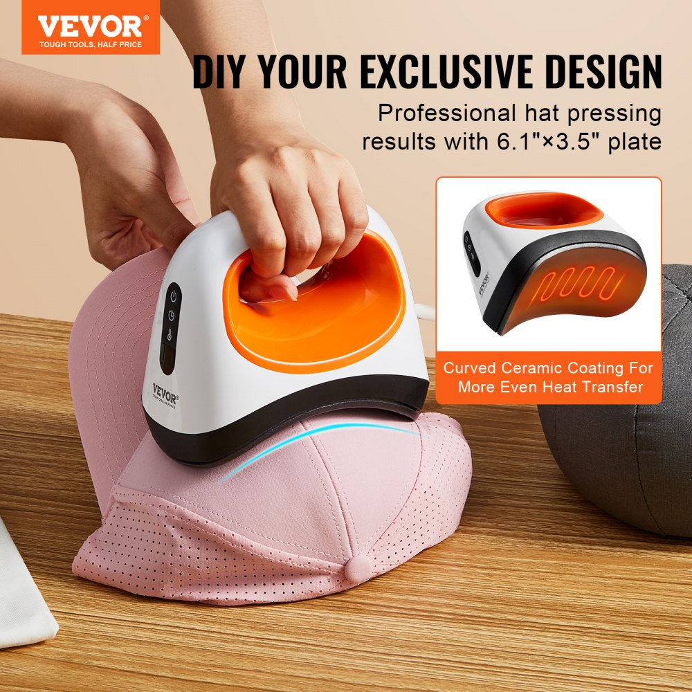 VEVOR Hat Press Machine, Mini Hat Heat Press for Caps with 3 Heating Levels, Cap Heat Press Machine with 6.1 x 3.5 inch Curved Heating Plate, Safety Base, and Glove, Automatic Shut-Off, White