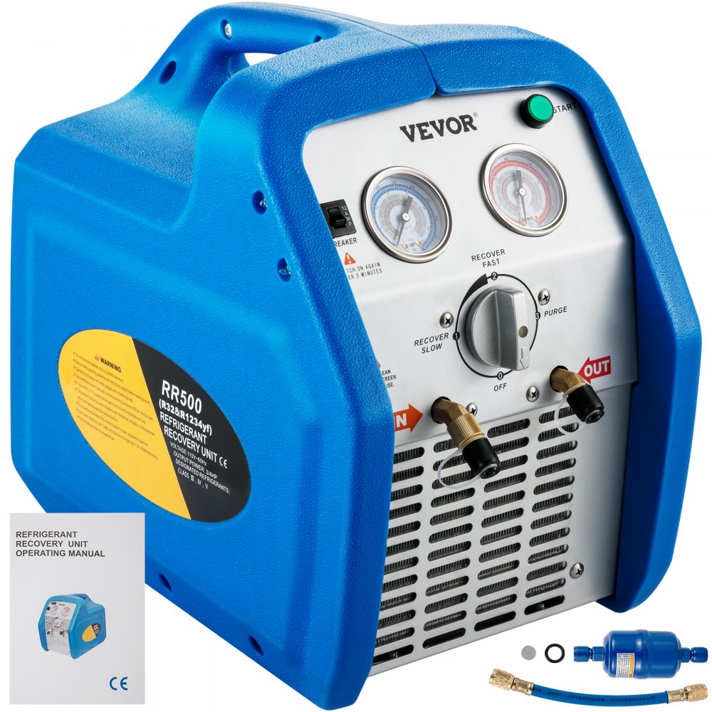 VEVOR Refrigerant Recovery Machine, 110V-120V AC 60Hz 3/4HP, Dual Cylinder Portable Recovery Unit, for Both Liquid Vapor Refrigerant, Air Condition Blue | VEVOR US