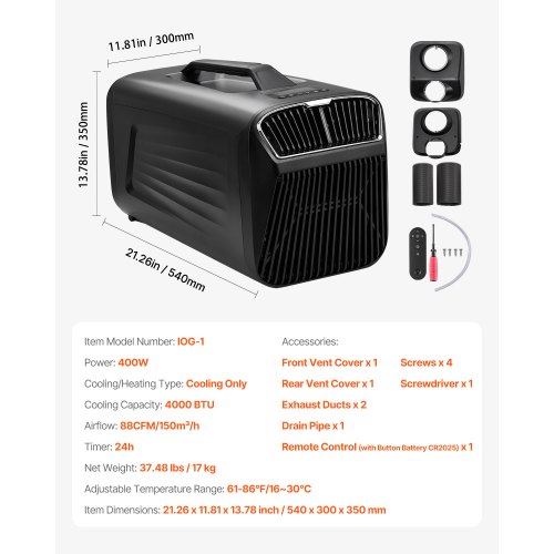VEVOR Portable Air Conditioner, 4000BTU 3-Speed Air Conditioning Unit with  24H Timer, Air Portable AC Adjustable from 16-30, Compatible with AC/DC  for Outdoor Tent Camping, RV or Home Use, Dark Grey |