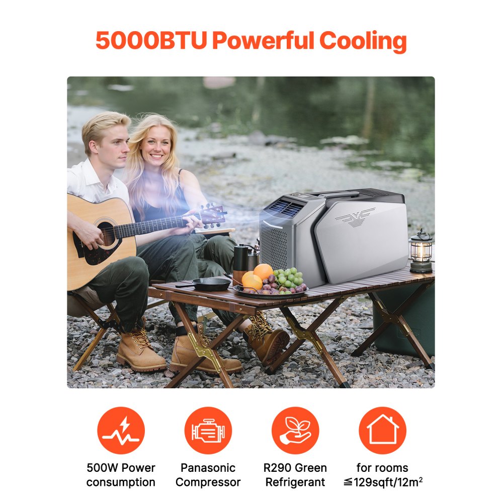 VEVOR Portable Air Conditioner, 5000 BTU 3-Speed Air Conditioning Unit with 24H Timer, Air Portable AC Adjustable from 16-32℃, Compatible with AC/DC for Outdoor Tent Camping, RVs or Home Use, Grey
