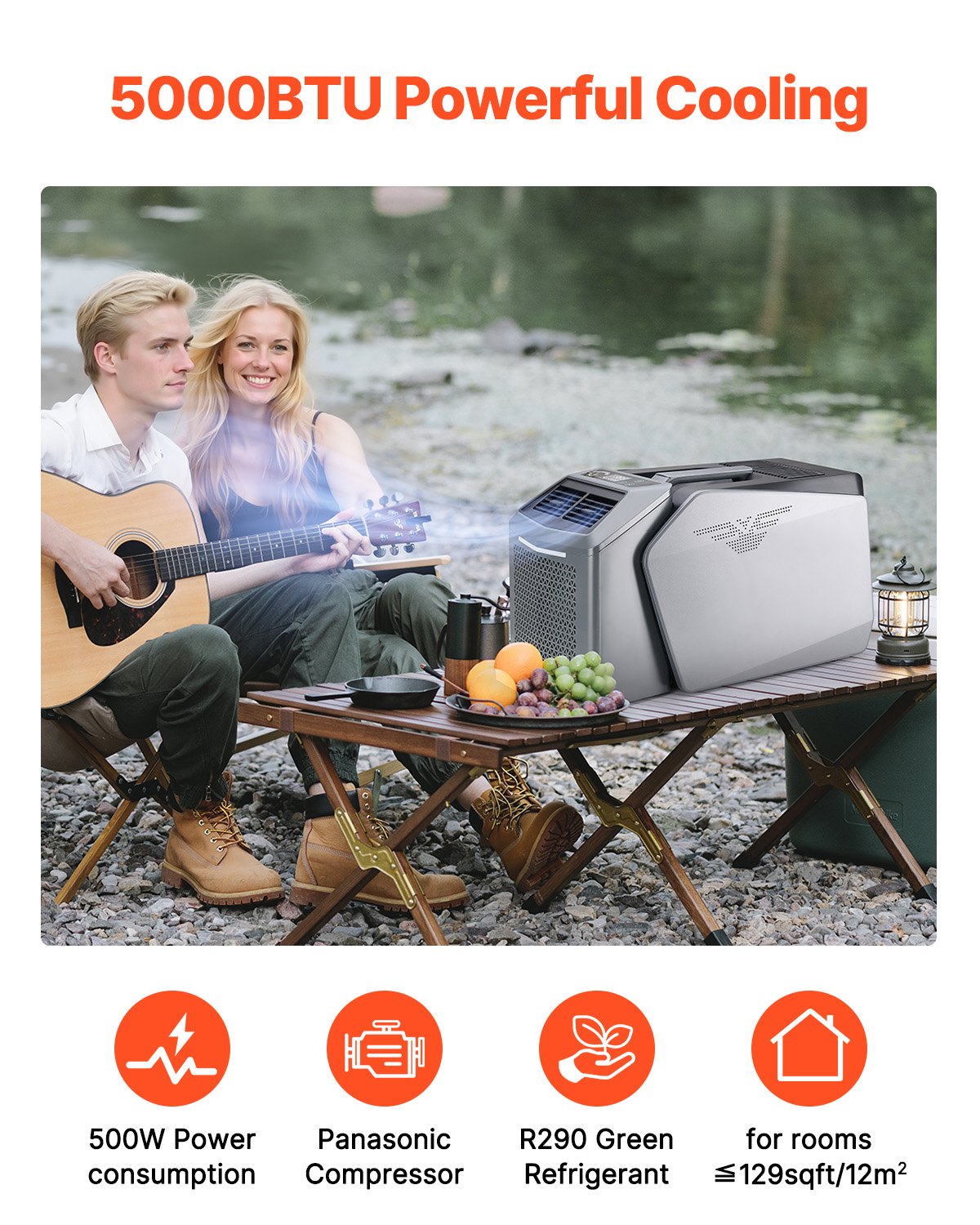 VEVOR Portable Air Conditioner, 5000 BTU 3-Speed Air Conditioning Unit with 24H Timer, Air Portable AC Adjustable from 16-32℃, Compatible with AC/DC for Outdoor Tent Camping, RVs or Home Use, Grey