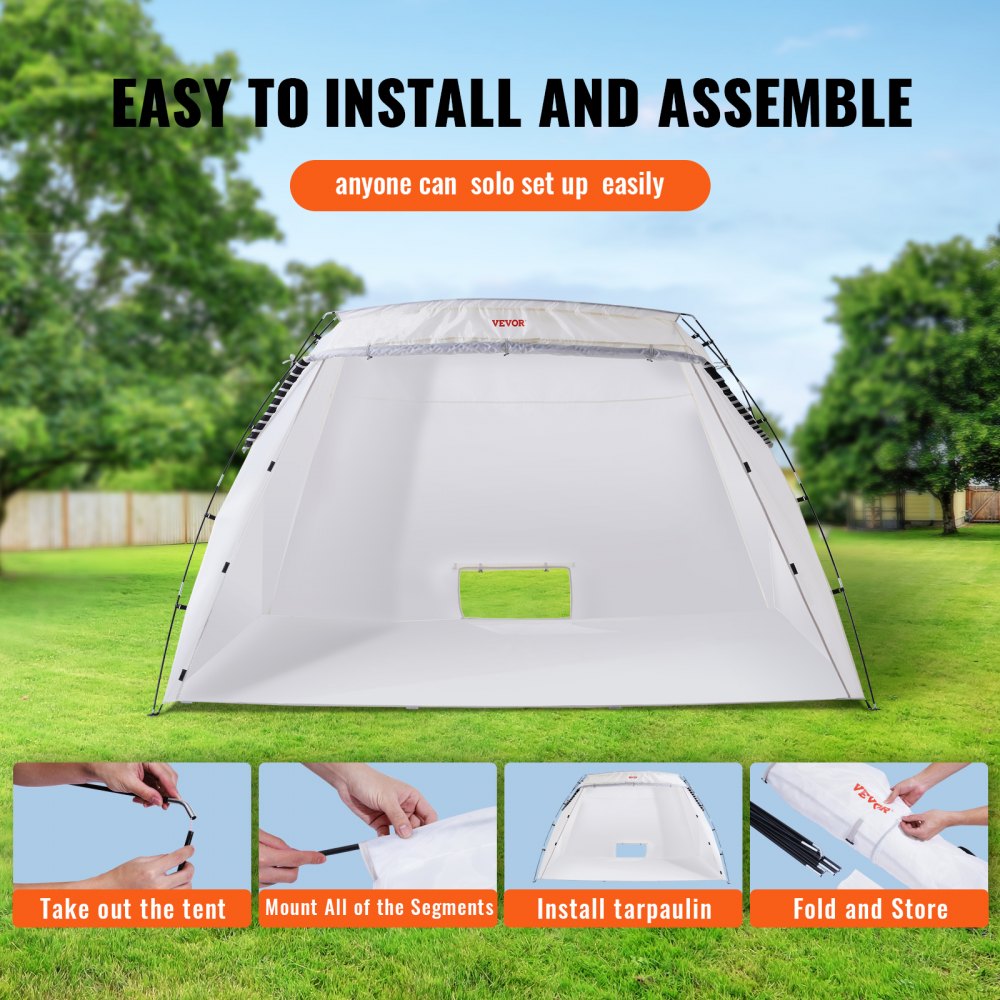 VEVOR portable paint booth easy installation in a green outdoor setting with setup steps displayed.
