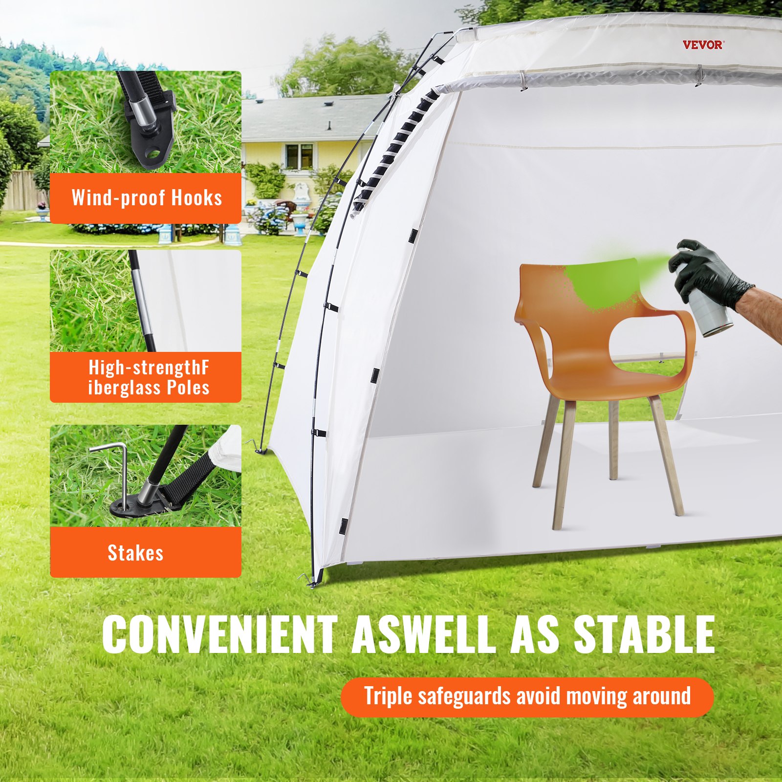 VEVOR portable paint booth with fiberglass poles and wind-proof hooks, spraying a chair in a yard.