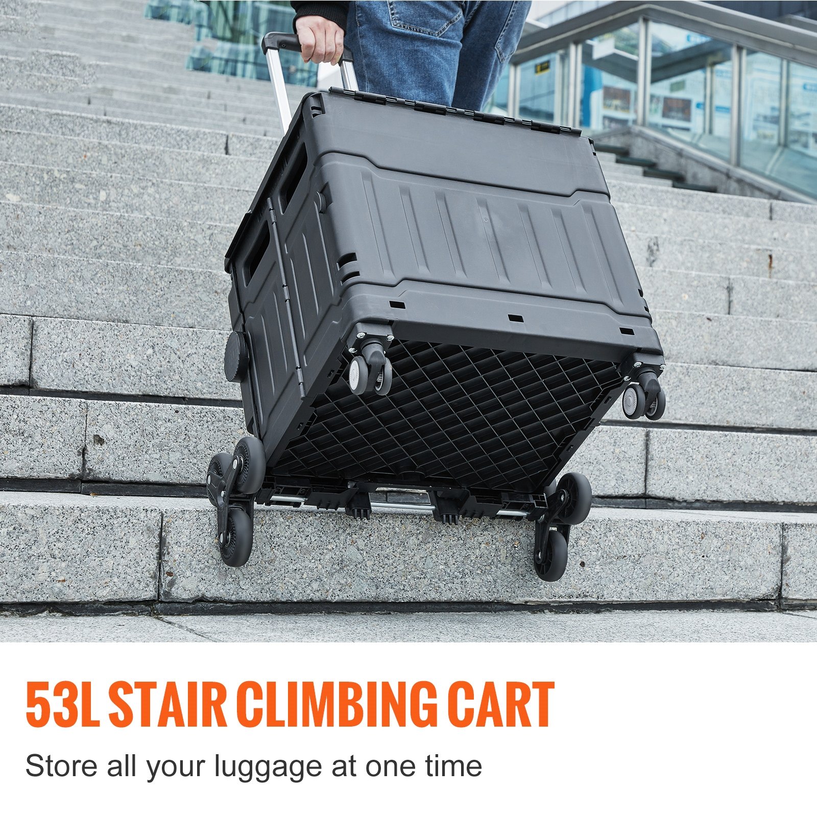 VEVOR Stair Climbing Cart, 70 kg Collapsible Teacher Cart, Portable Rolling Crate Handcart with Telescoping Handle & Lid, Foldable Grocery Cart Utility Cart Multipurpose for Shopping Travel Office