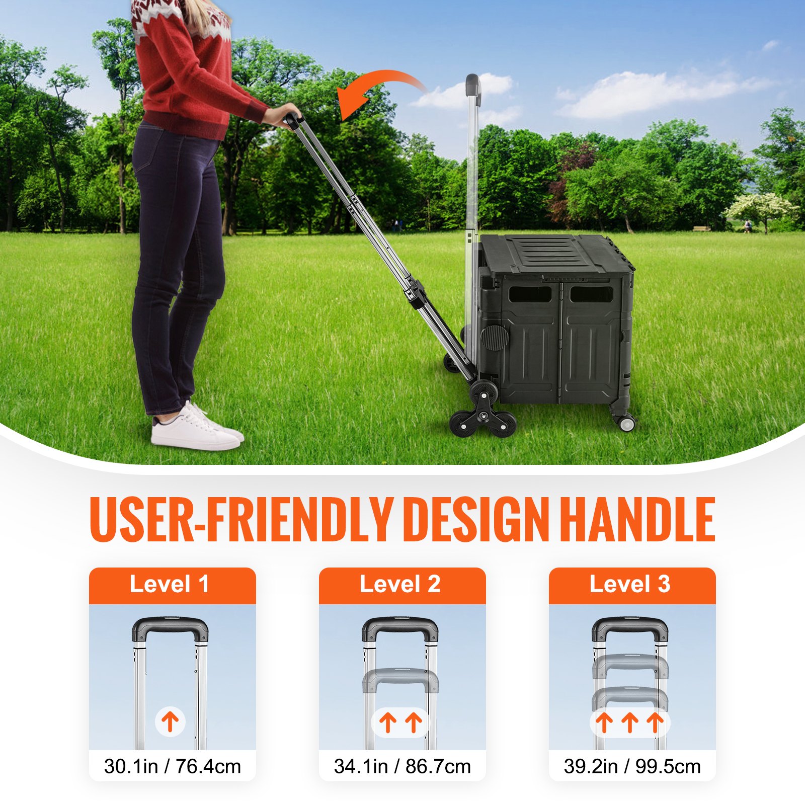 VEVOR Stair Climbing Cart, 70 kg Collapsible Teacher Cart, Portable Rolling Crate Handcart with Telescoping Handle & Lid, Foldable Grocery Cart Utility Cart Multipurpose for Shopping Travel Office