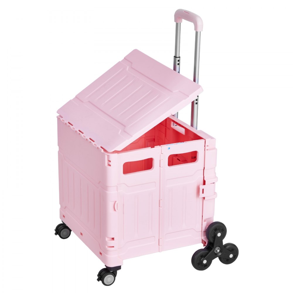 VEVOR Foldable Utility Cart, 65L Collapsible Portable Crate Rolling Cart with Stair Climbing Wheels & 360° Swivel Wheels, Hand Cart with Telescoping Handle for Shopping Office Moving Teacher, Pink