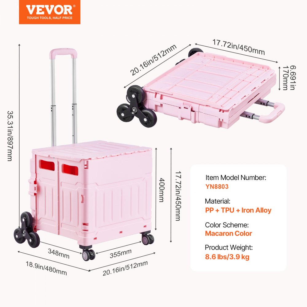 VEVOR Foldable Utility Cart, 65L Collapsible Portable Crate Rolling Cart with Stair Climbing Wheels & 360° Swivel Wheels, Hand Cart with Telescoping Handle for Shopping Office Moving Teacher, Pink